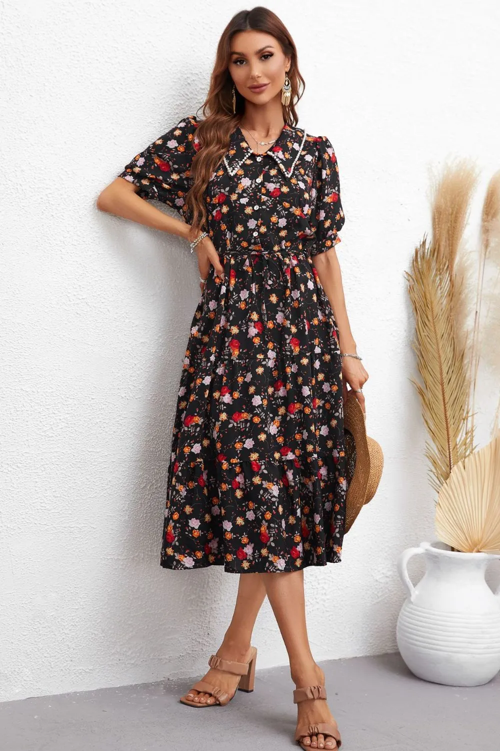 Chic Floral Collared Neck Puff Sleeve Dress: Perfect Summer Beach Wedding Attire for Women