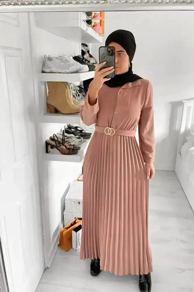 Circles Belt Pleated Modest Dress