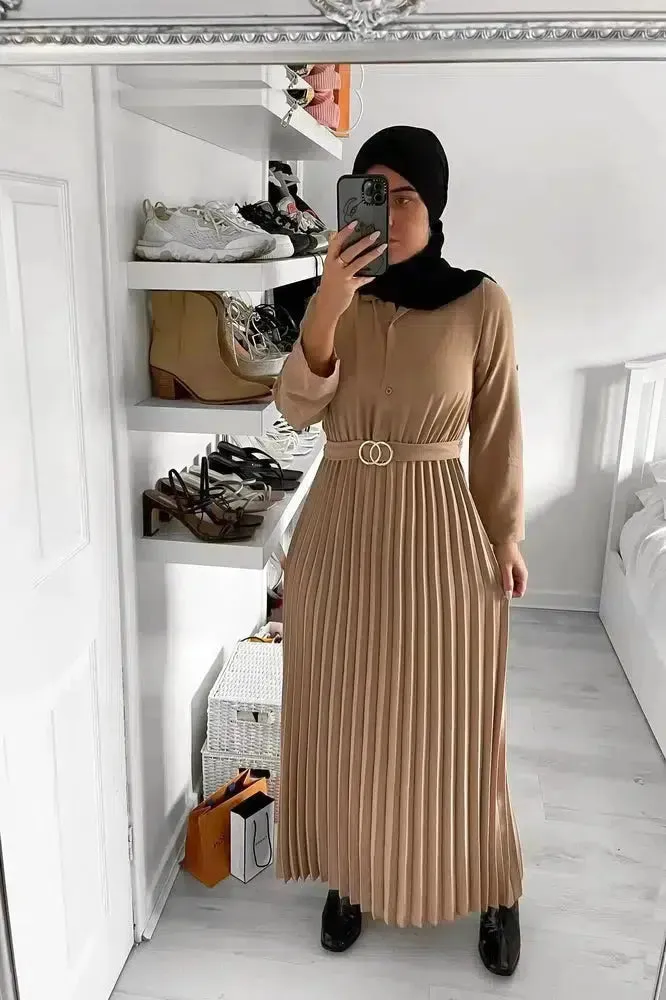 Circles Belt Pleated Modest Dress