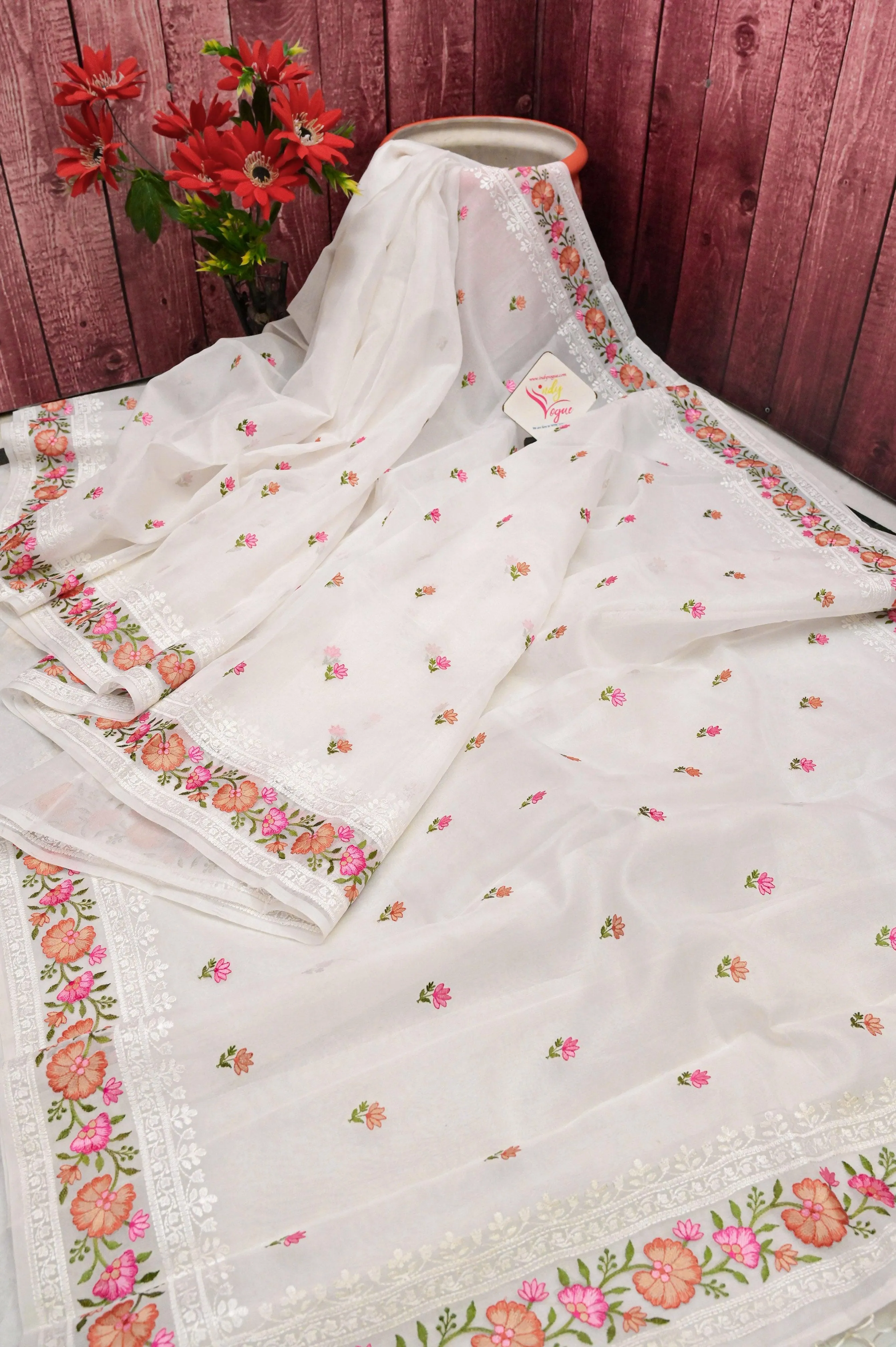 Cream White Color Designer Kora Organza Saree with Embroidery and Chikankari