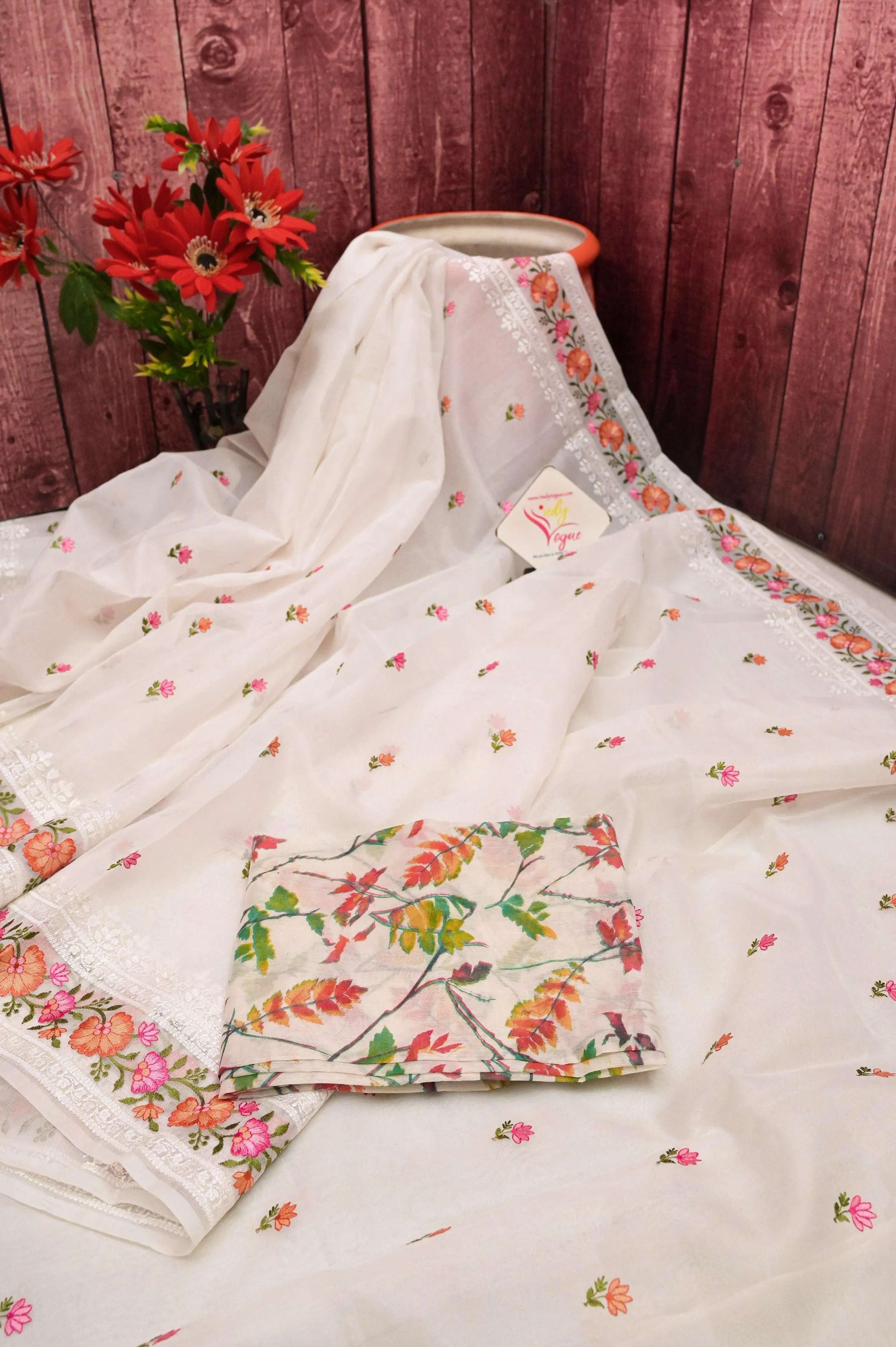 Cream White Color Designer Kora Organza Saree with Embroidery and Chikankari