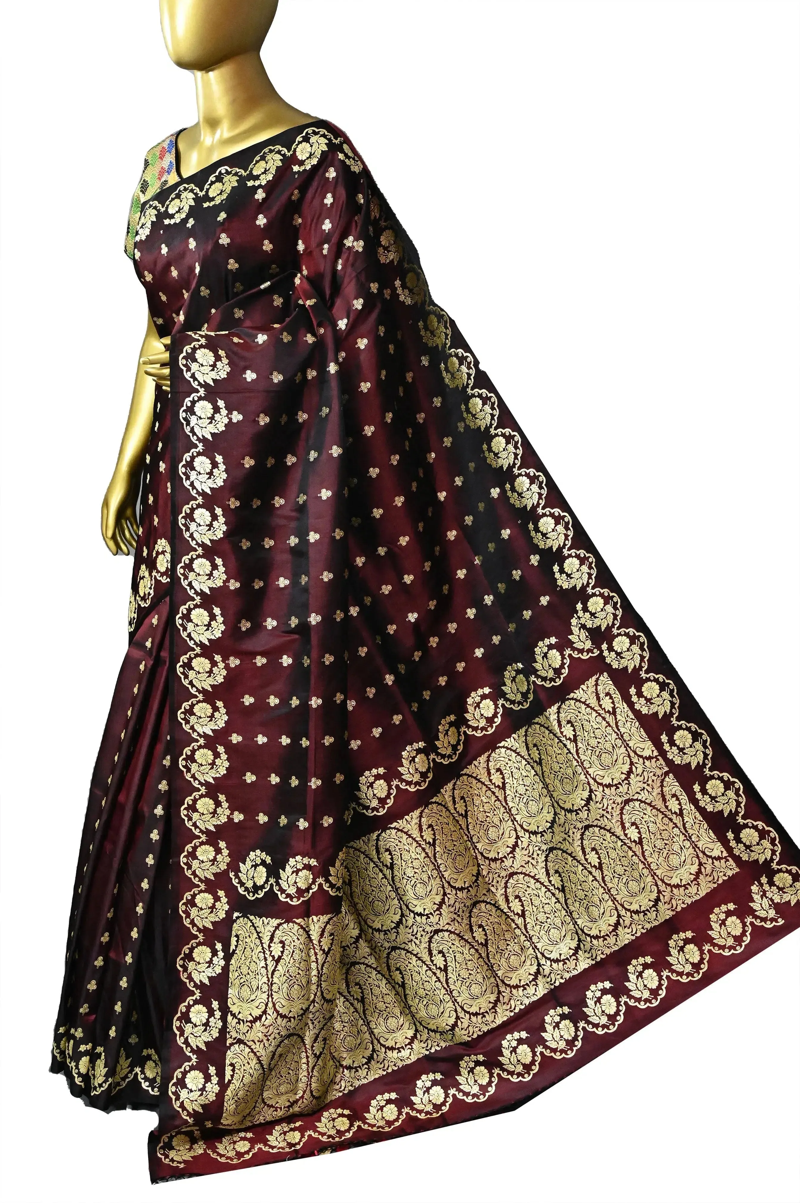 Deep Maroon and Black Dual Tone Color Mashru Banarasi Silk Saree