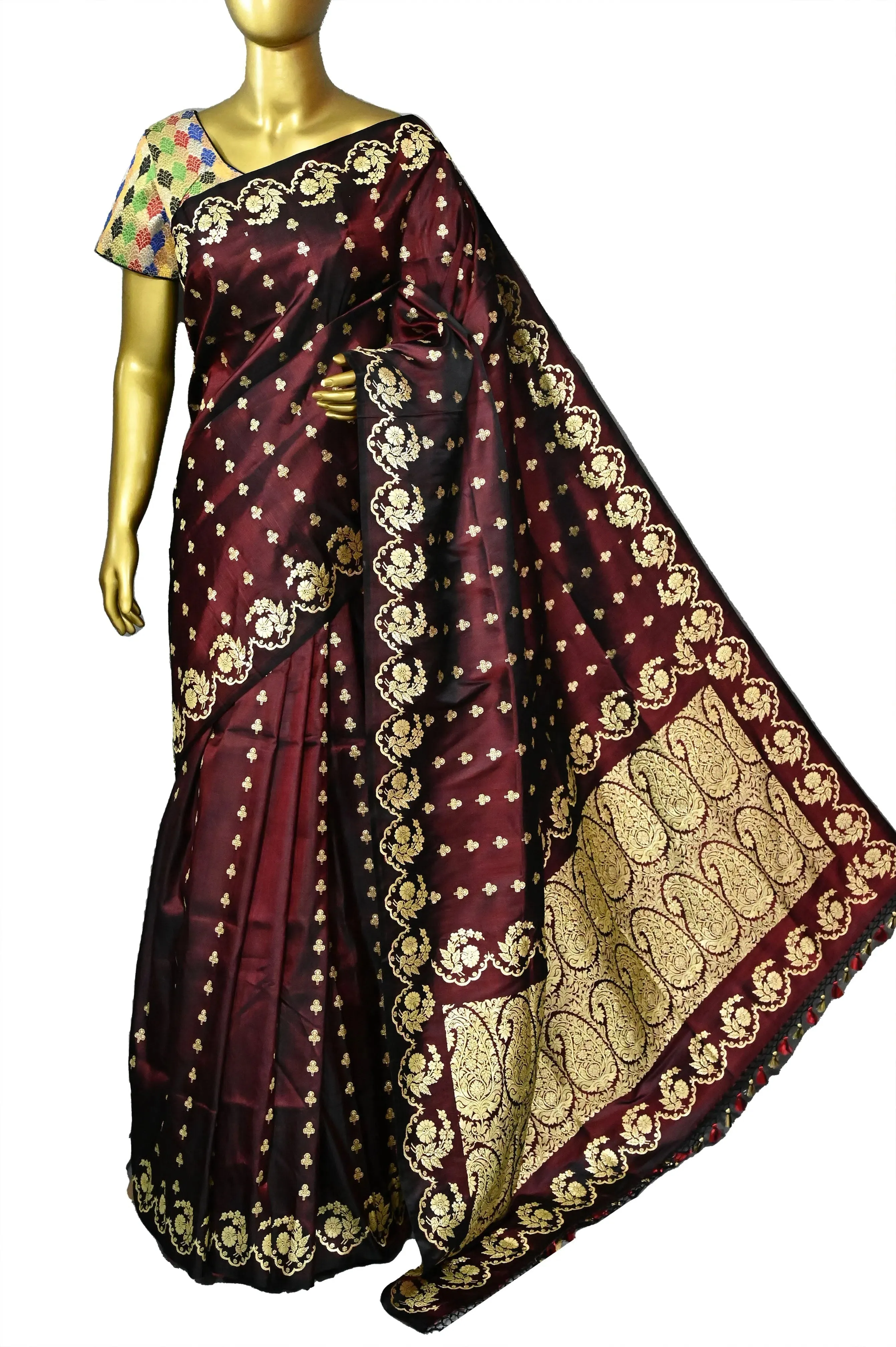 Deep Maroon and Black Dual Tone Color Mashru Banarasi Silk Saree