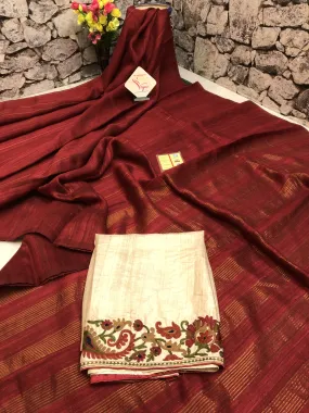 Deep Maroon Color Matka Silk Saree with Zari Stripe Work