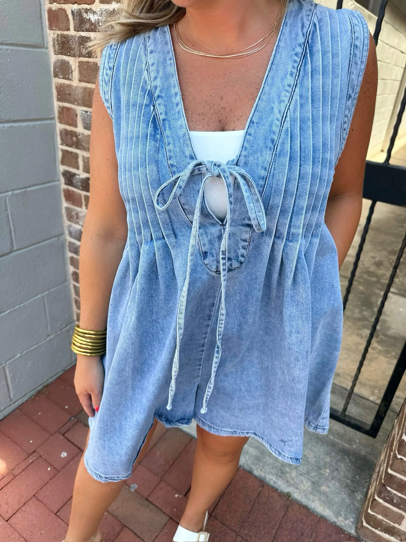 Denim Bow Pleated Sleeveless Romper