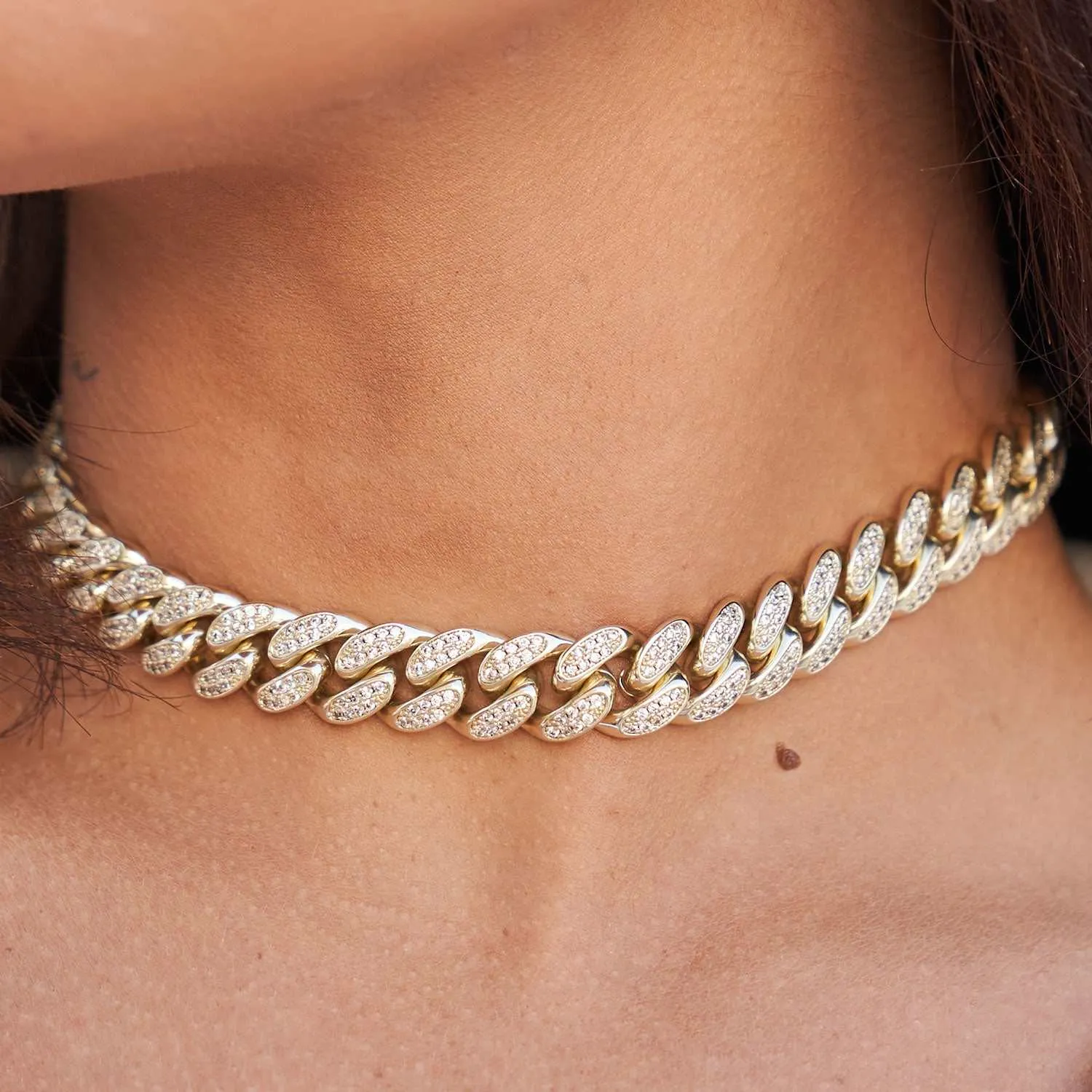 Diamond Cuban Link Choker in Yellow Gold - 12mm