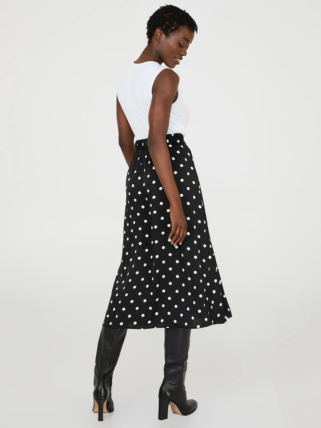 Dot Print Pleated Satin Midi Skirt