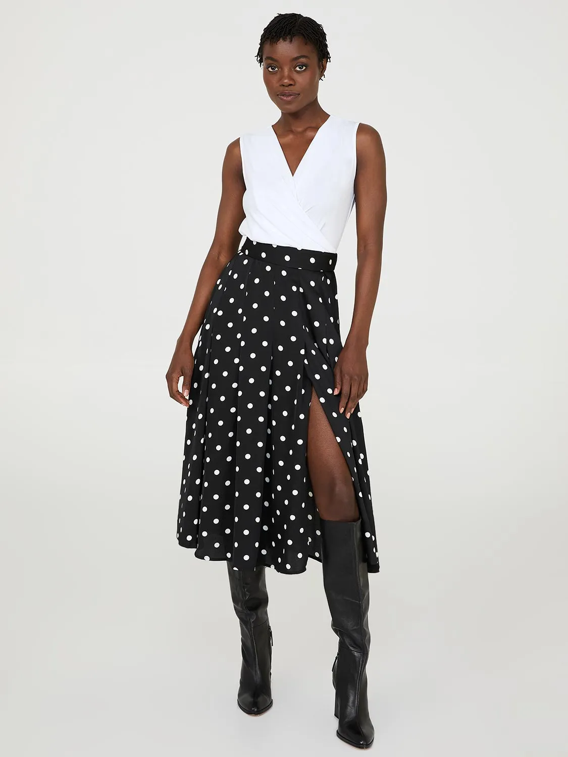 Dot Print Pleated Satin Midi Skirt