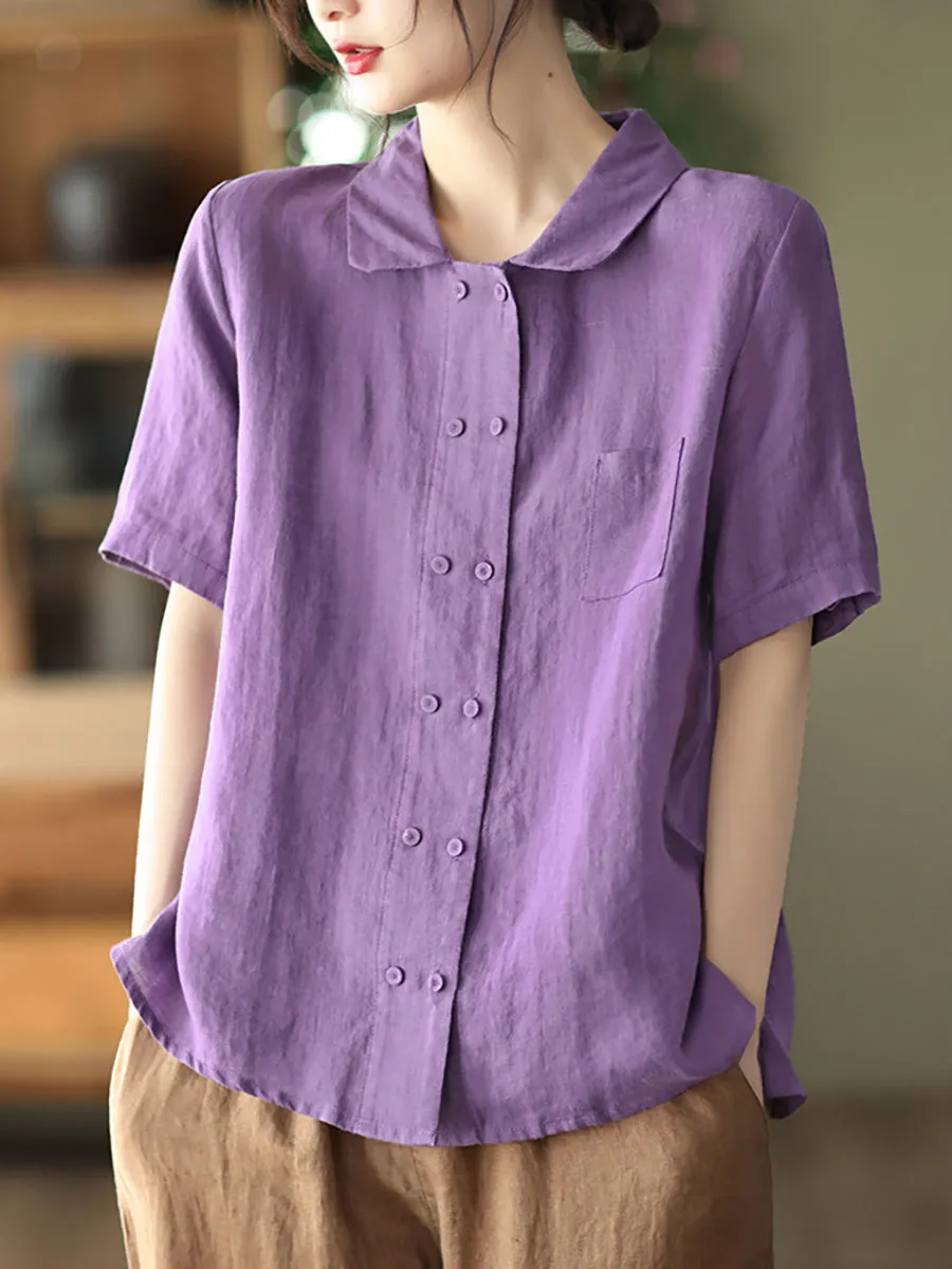 Double Breasted Ramie Casual Summer Women Shirt