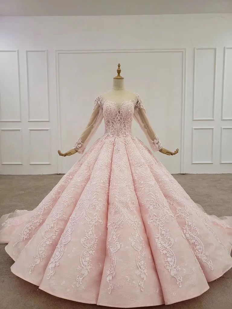 Elegant Ball Gown Pink Long Sleeves Appliques Prom Dresses, Quinceanera STK20481