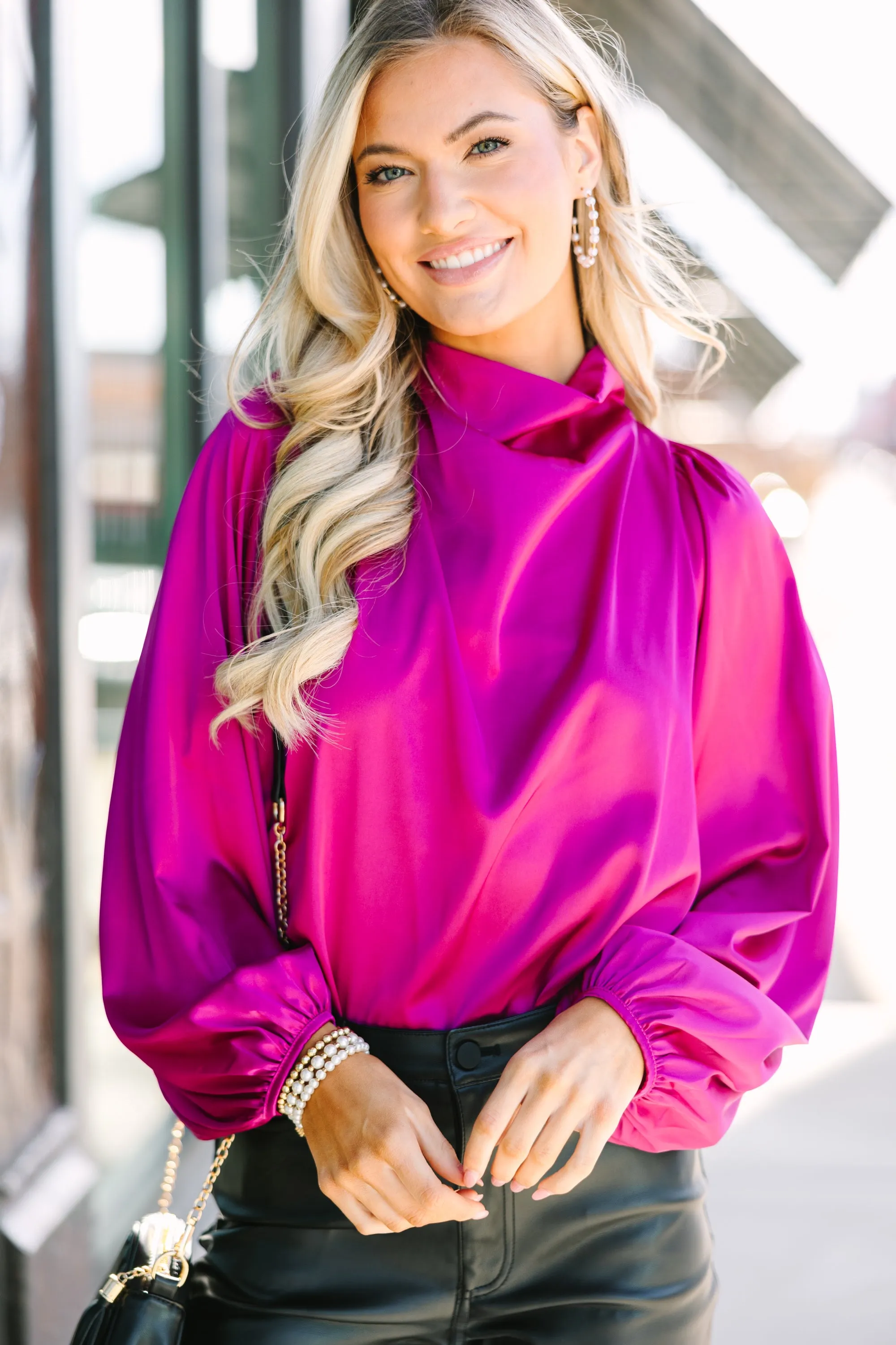 Embrace The Joy Magenta Purple Satin Blouse