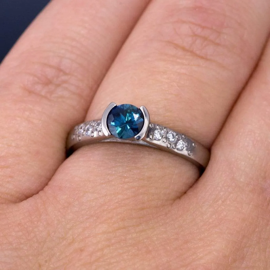 Fair Trade Blue Australian Kings Plain Sapphire Half Bezel Diamond Star Dust Engagement Ring