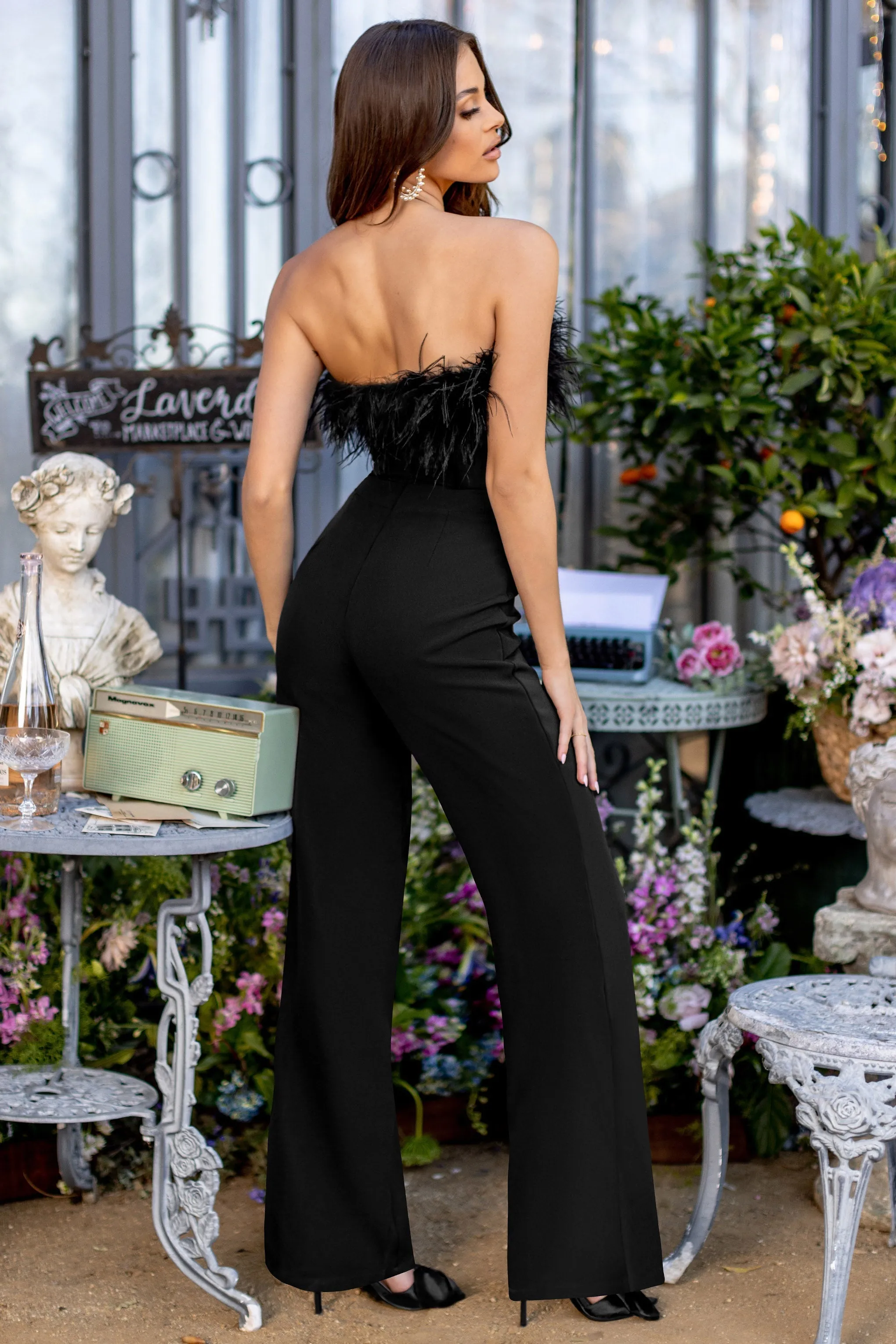 First Class | Black Bandeau Feather Wide Leg Jumpsuit