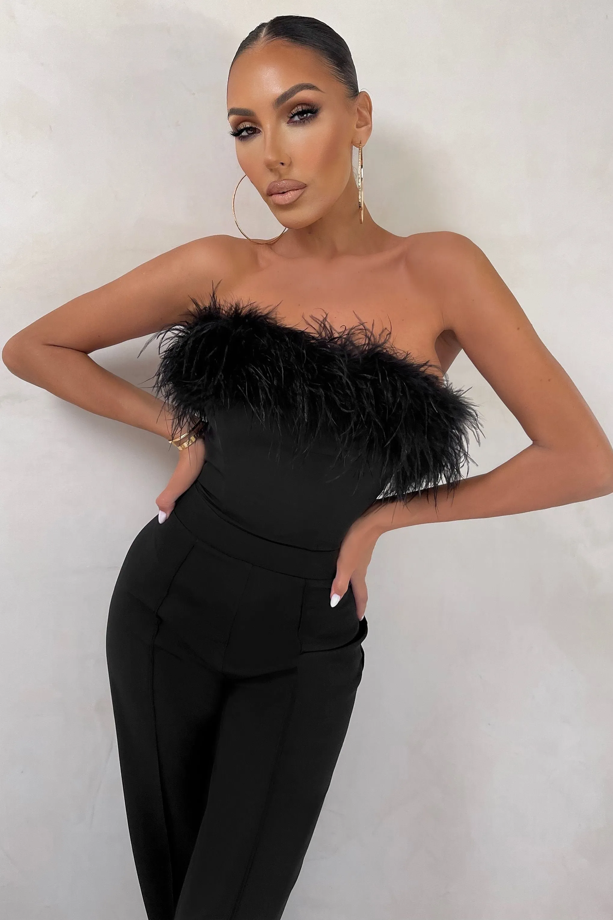 First Class | Black Bandeau Feather Wide Leg Jumpsuit