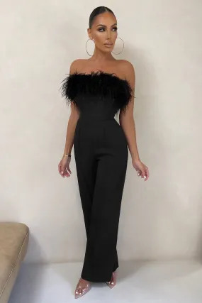 First Class | Black Bandeau Feather Wide Leg Jumpsuit