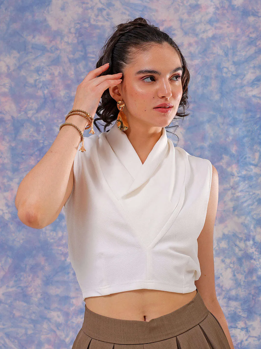 Freehand Women White Fitted Textured Cowl Neck Draped Top