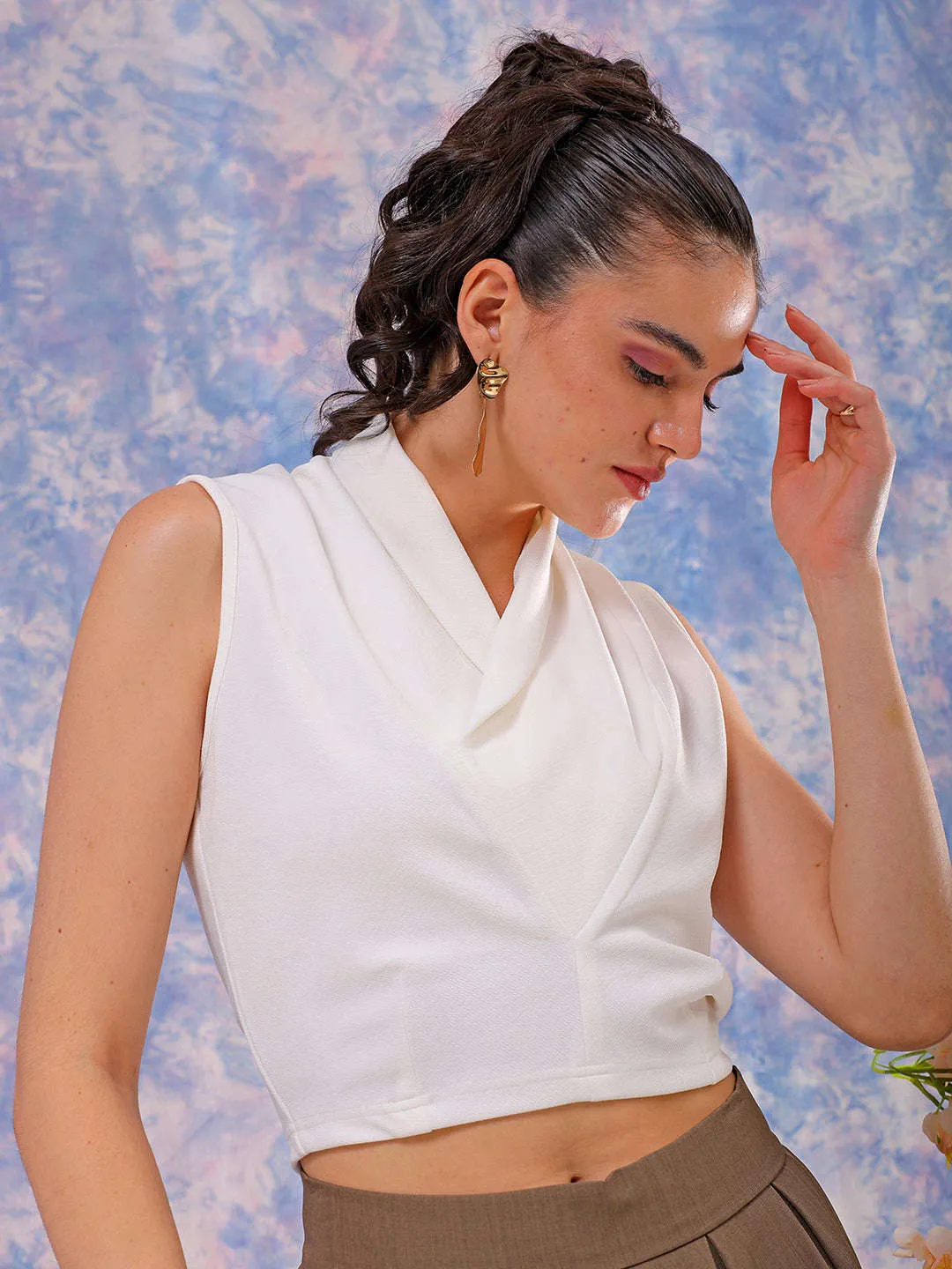 Freehand Women White Fitted Textured Cowl Neck Draped Top