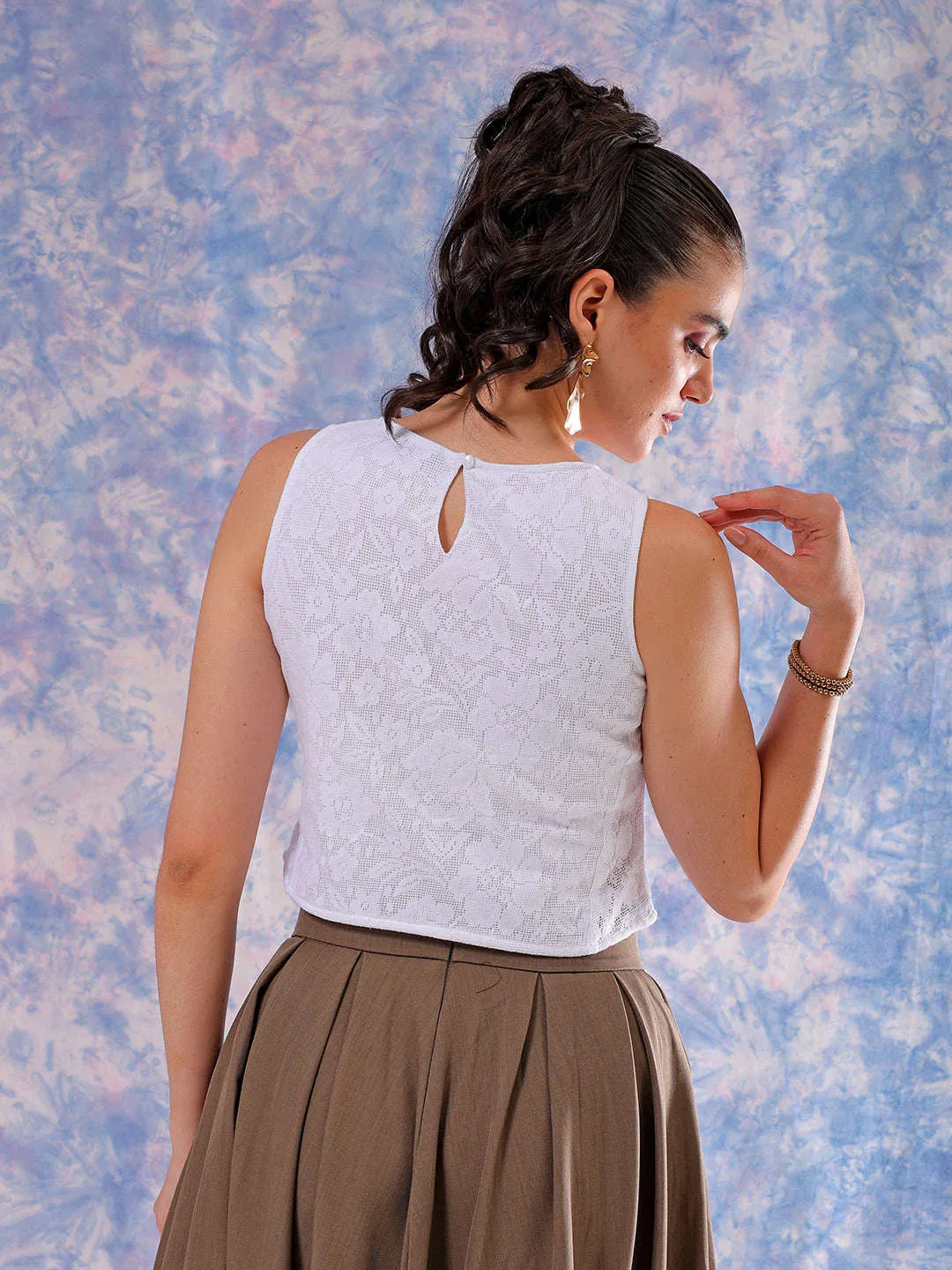 Freehand Women White Regular Lace Round Neck Regular Top