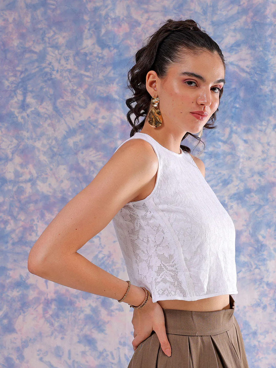 Freehand Women White Regular Lace Round Neck Regular Top