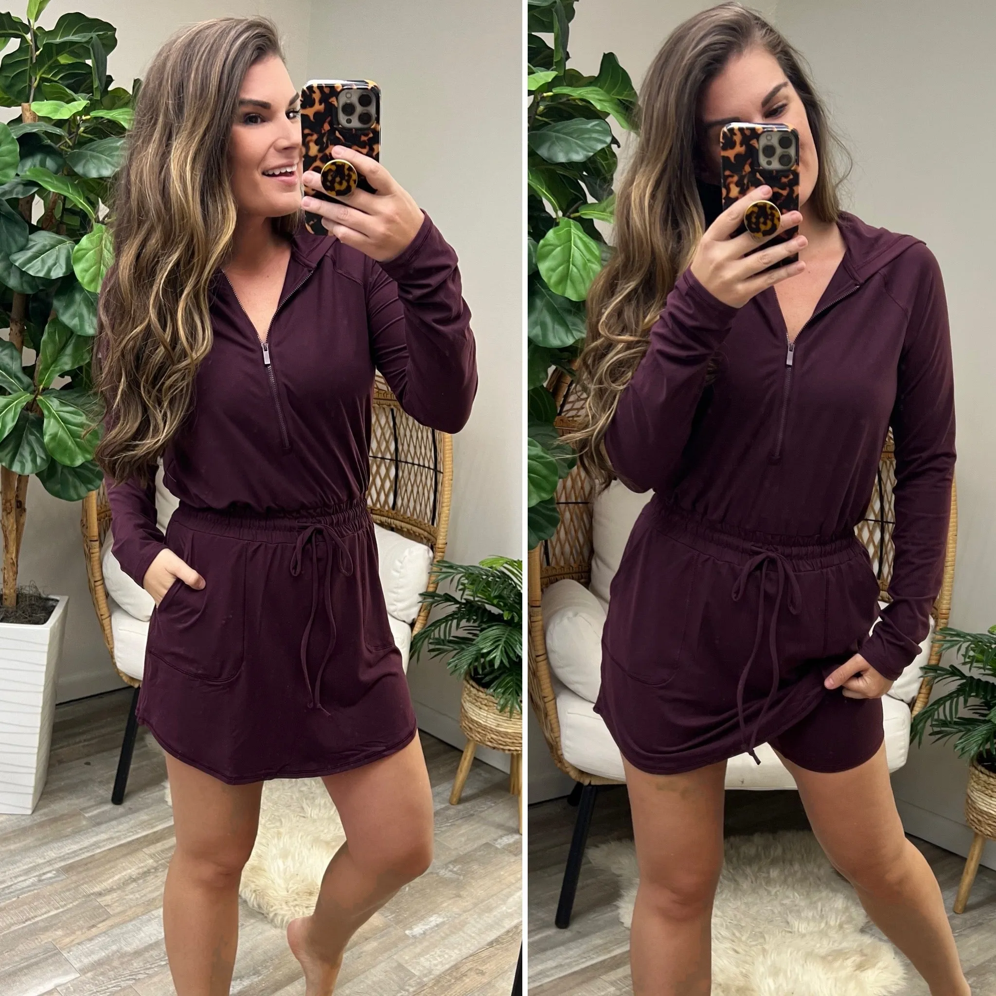 Getting Out Long Sleeve Hoodie Romper in Maroon