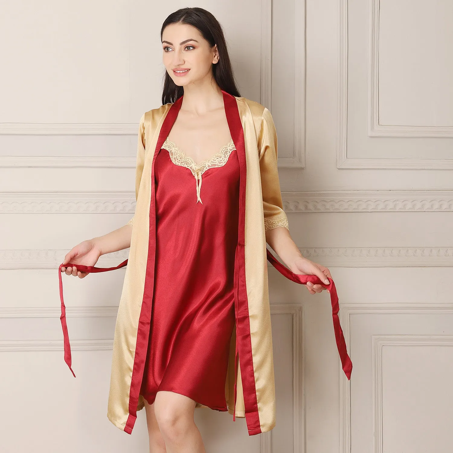 Gold & Maroon Satin Short Nightgown set