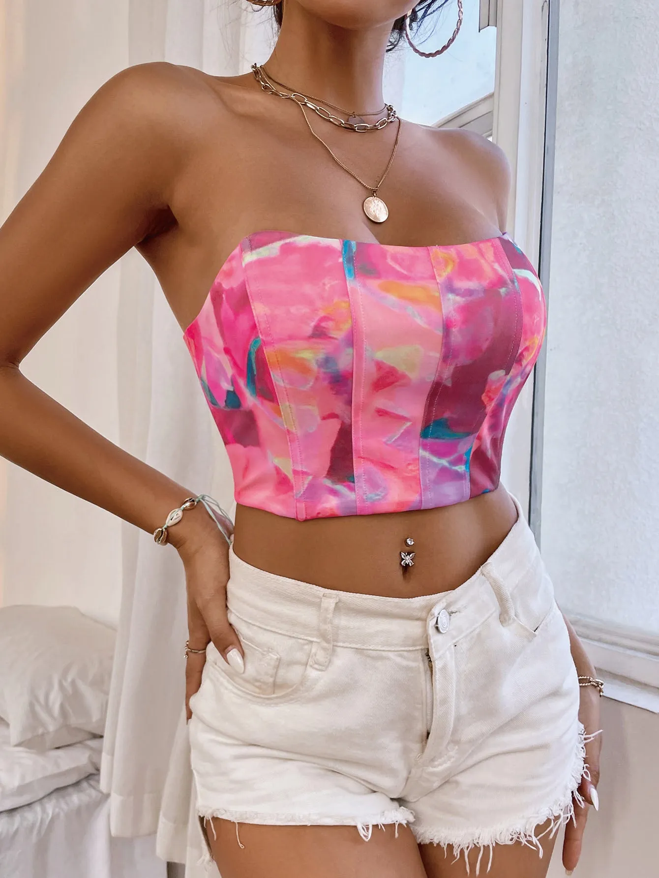 Graphic Print Bustier Crop Tube Top