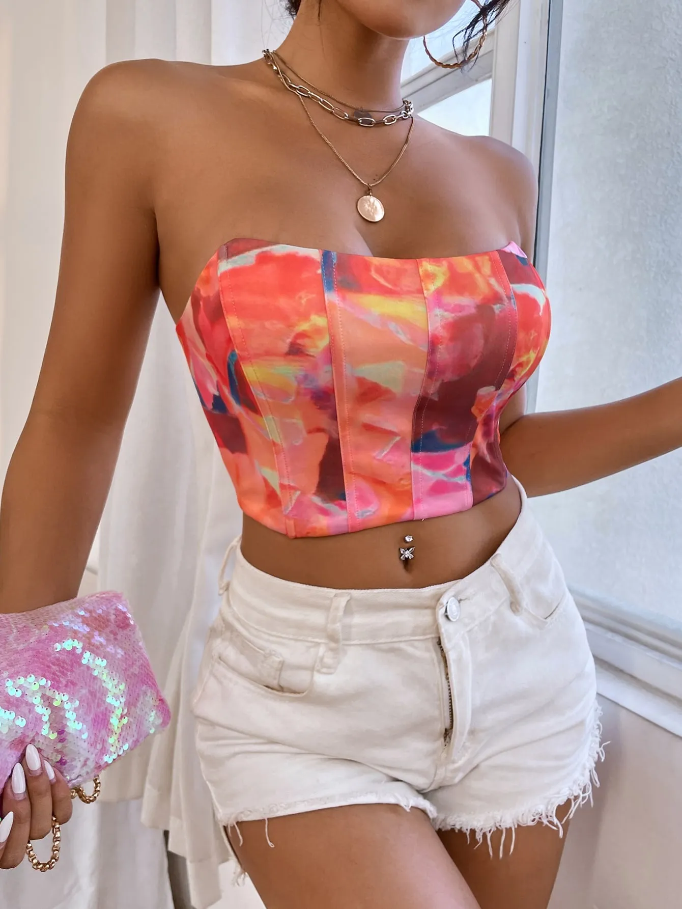 Graphic Print Bustier Crop Tube Top