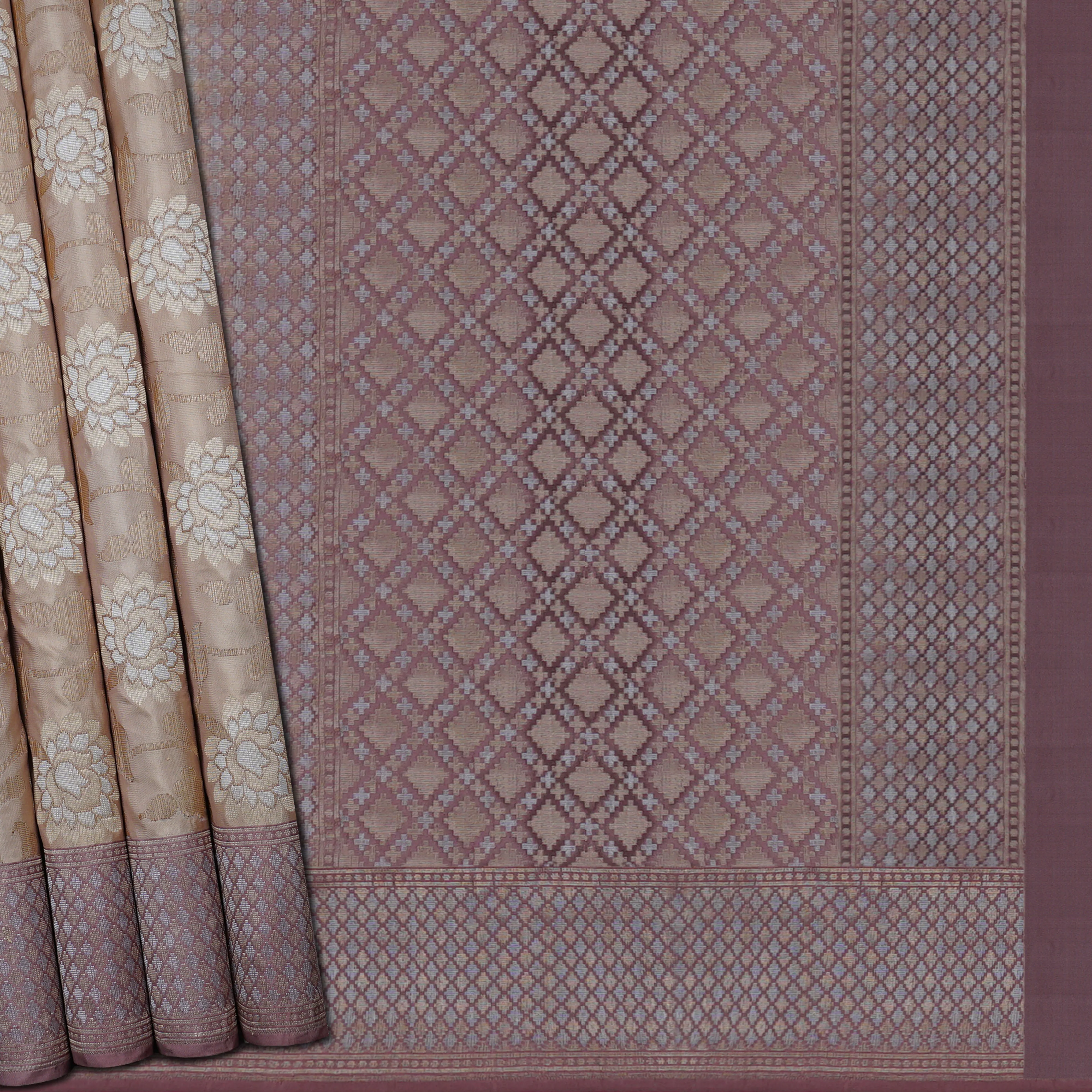 Handwoven Beige with Mauve Banarasi Silk Saree - 1674N021730DSC