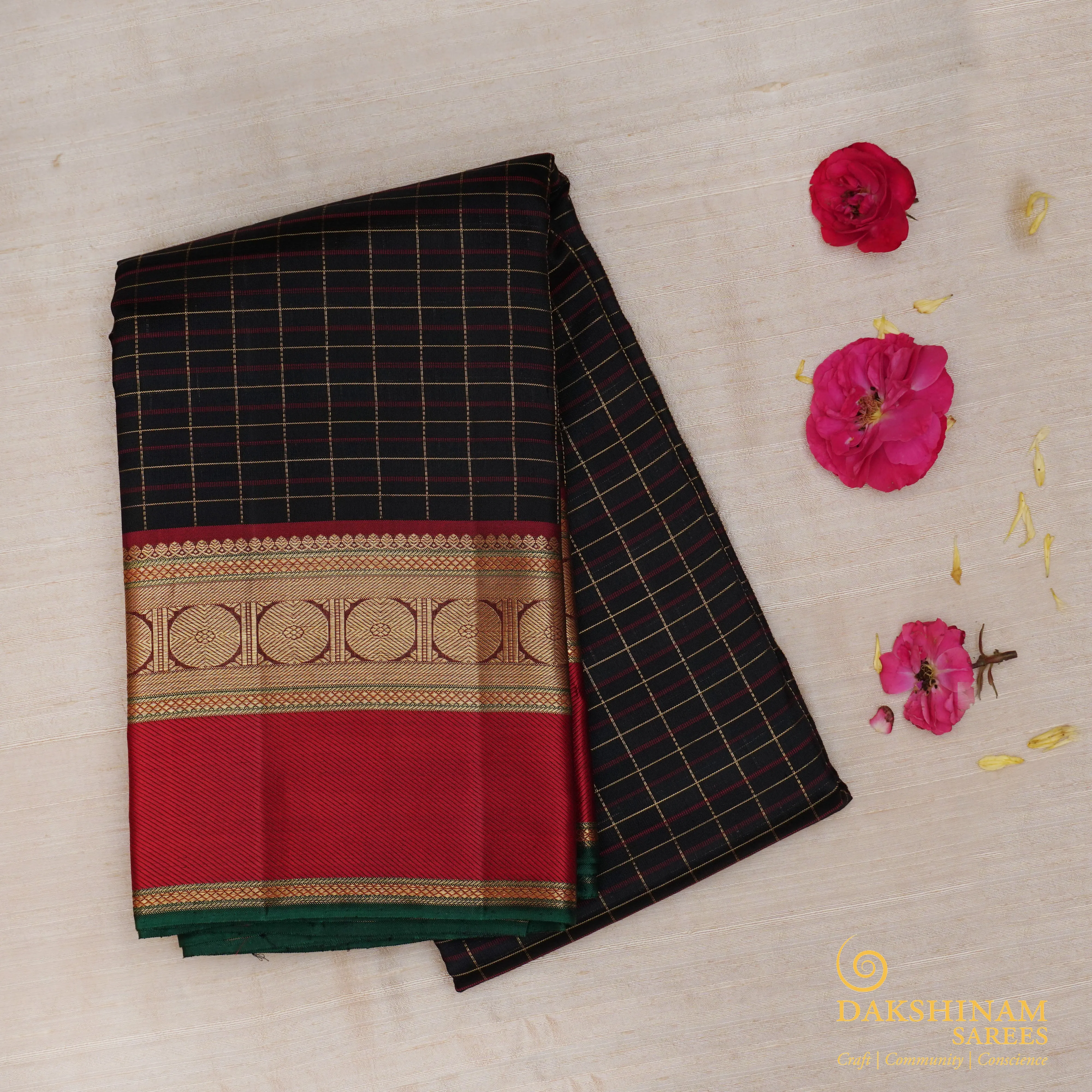 Handwoven Black with Red Kanjivaram Silk Saree - 1517T004046DSC