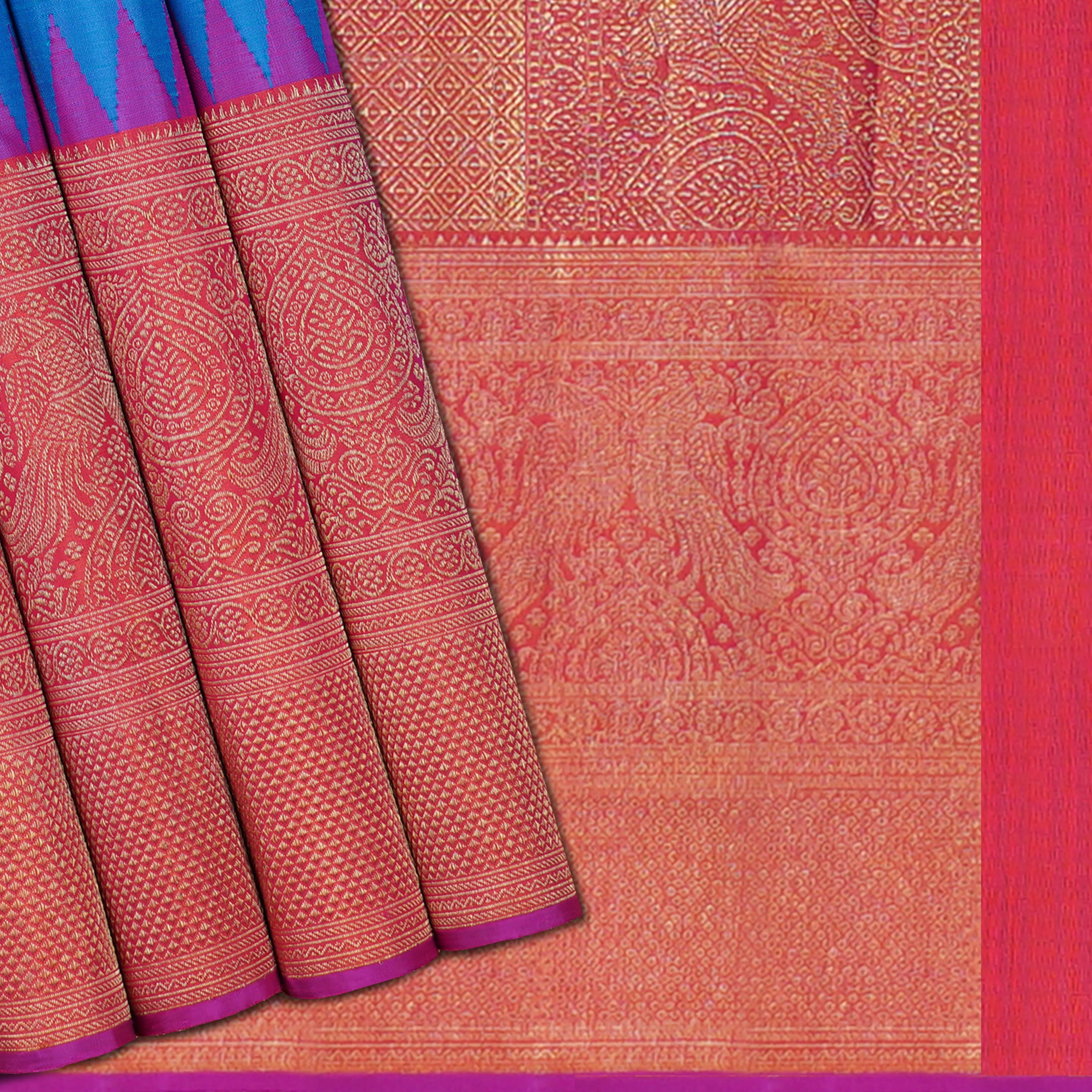 Handwoven Blue shot and Orange shot Kanjivaram Silk Saree - 1529T006136DSC