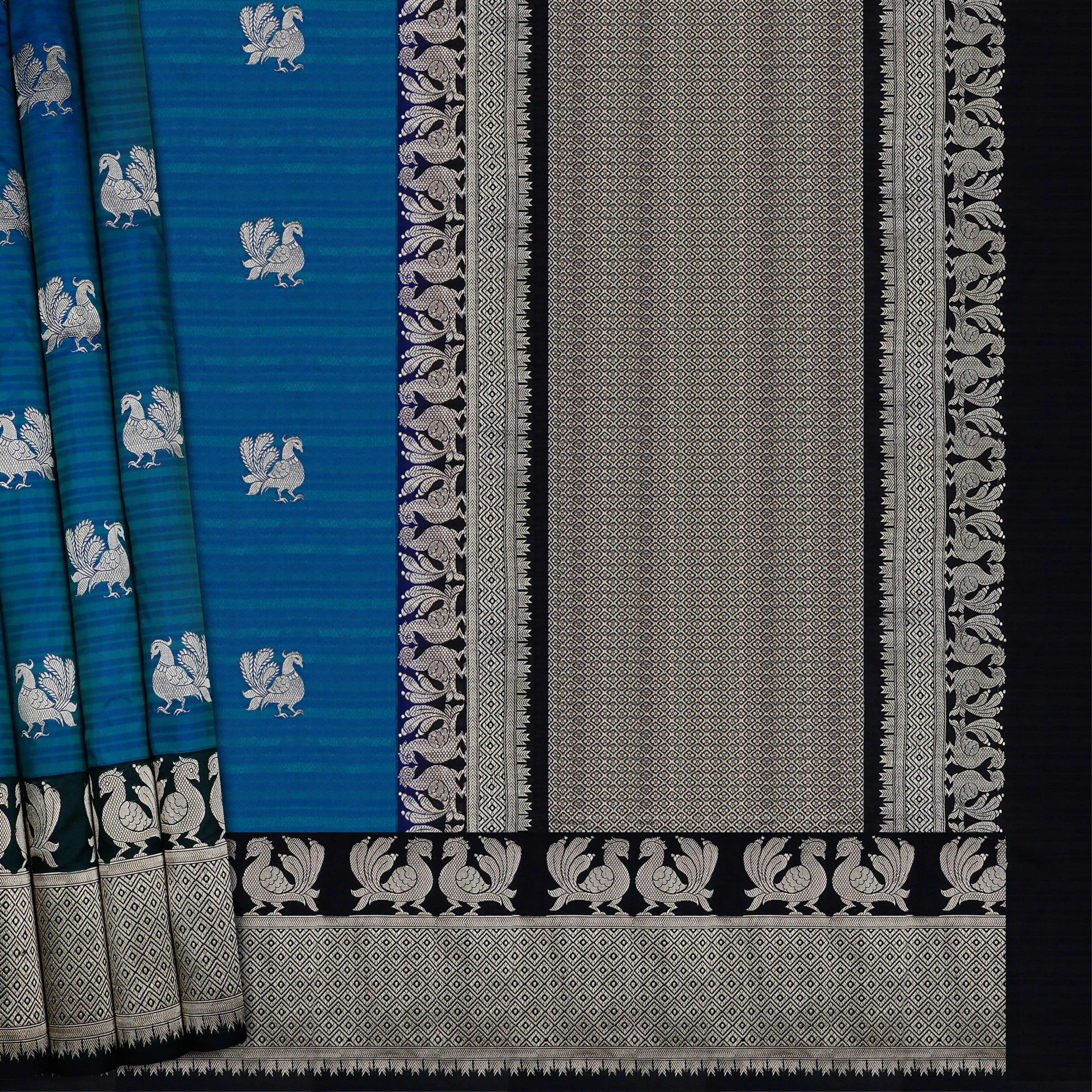 Handwoven Blue with Black Banarasi Silk Saree - 1917N007408DSC