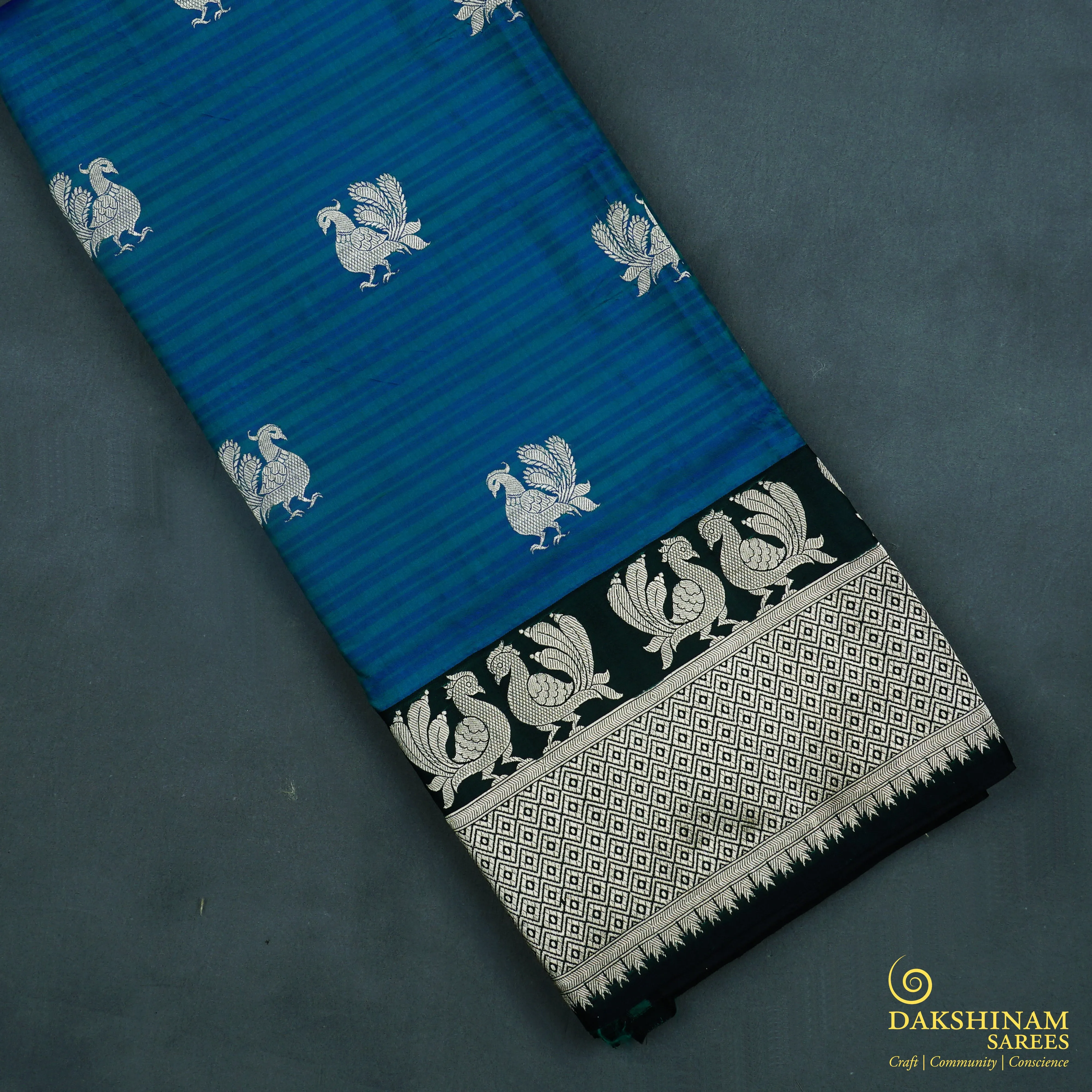 Handwoven Blue with Black Banarasi Silk Saree - 1917N007408DSC