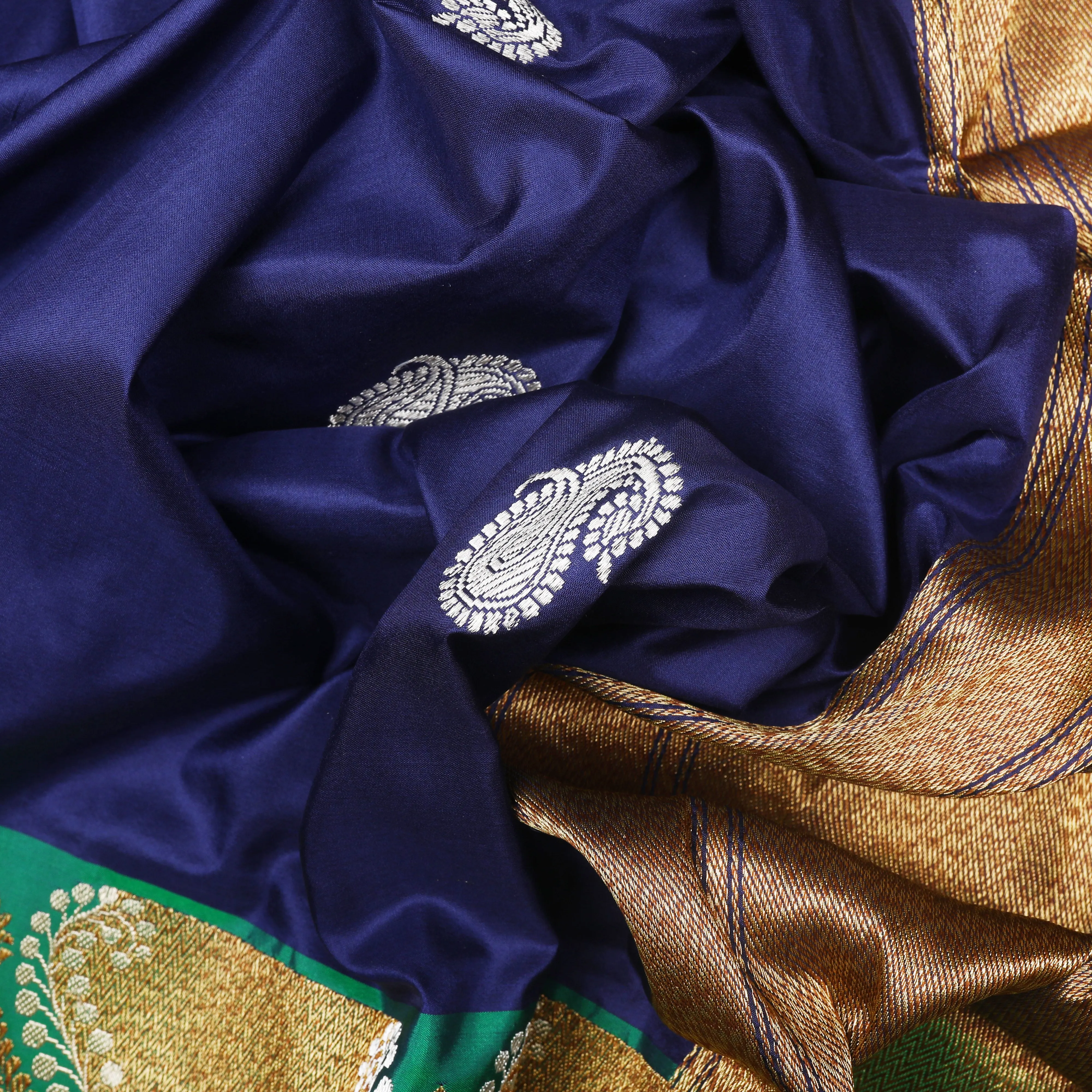 Handwoven Blue with Green Banarasi Silk Saree - 1368T004628DSC