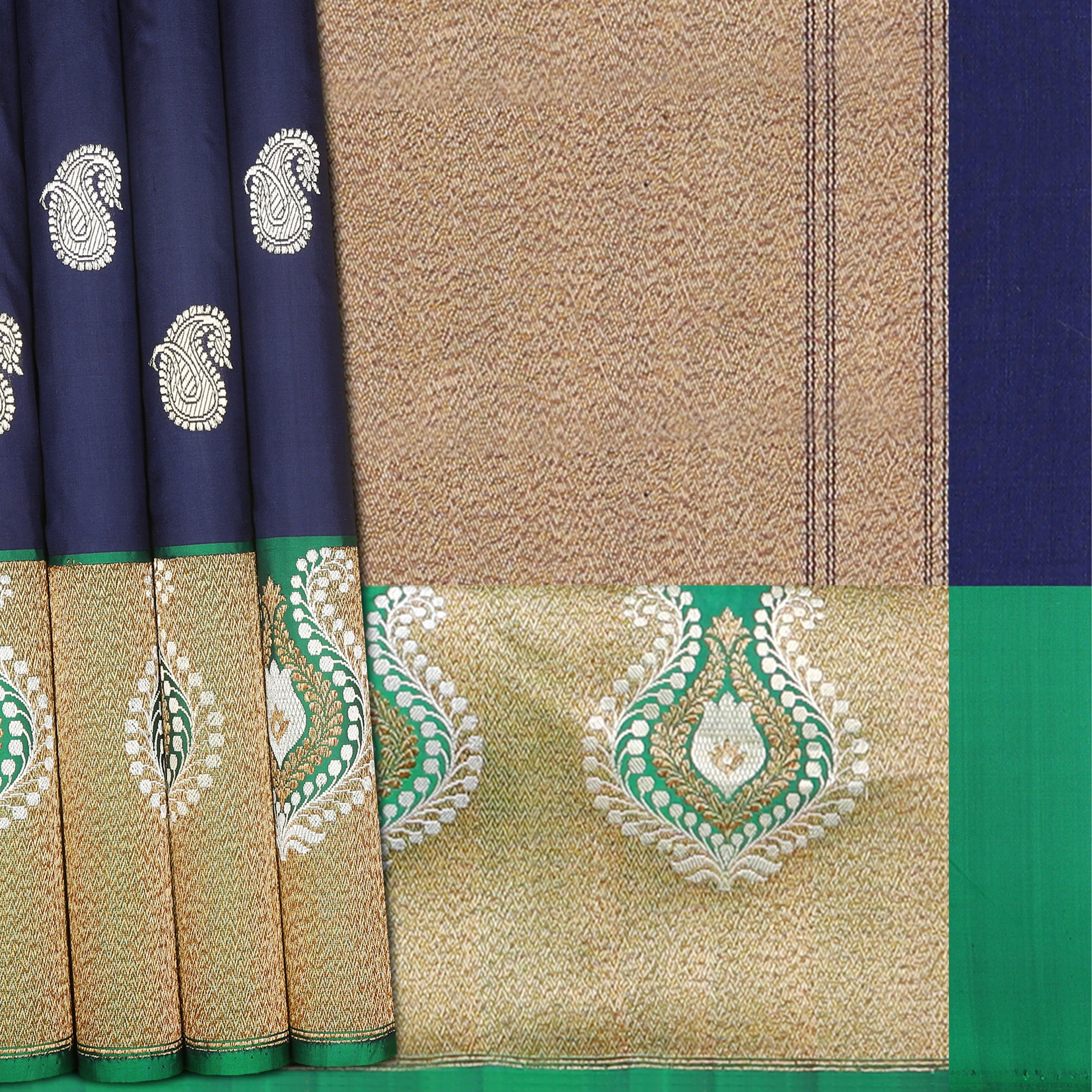 Handwoven Blue with Green Banarasi Silk Saree - 1368T004628DSC