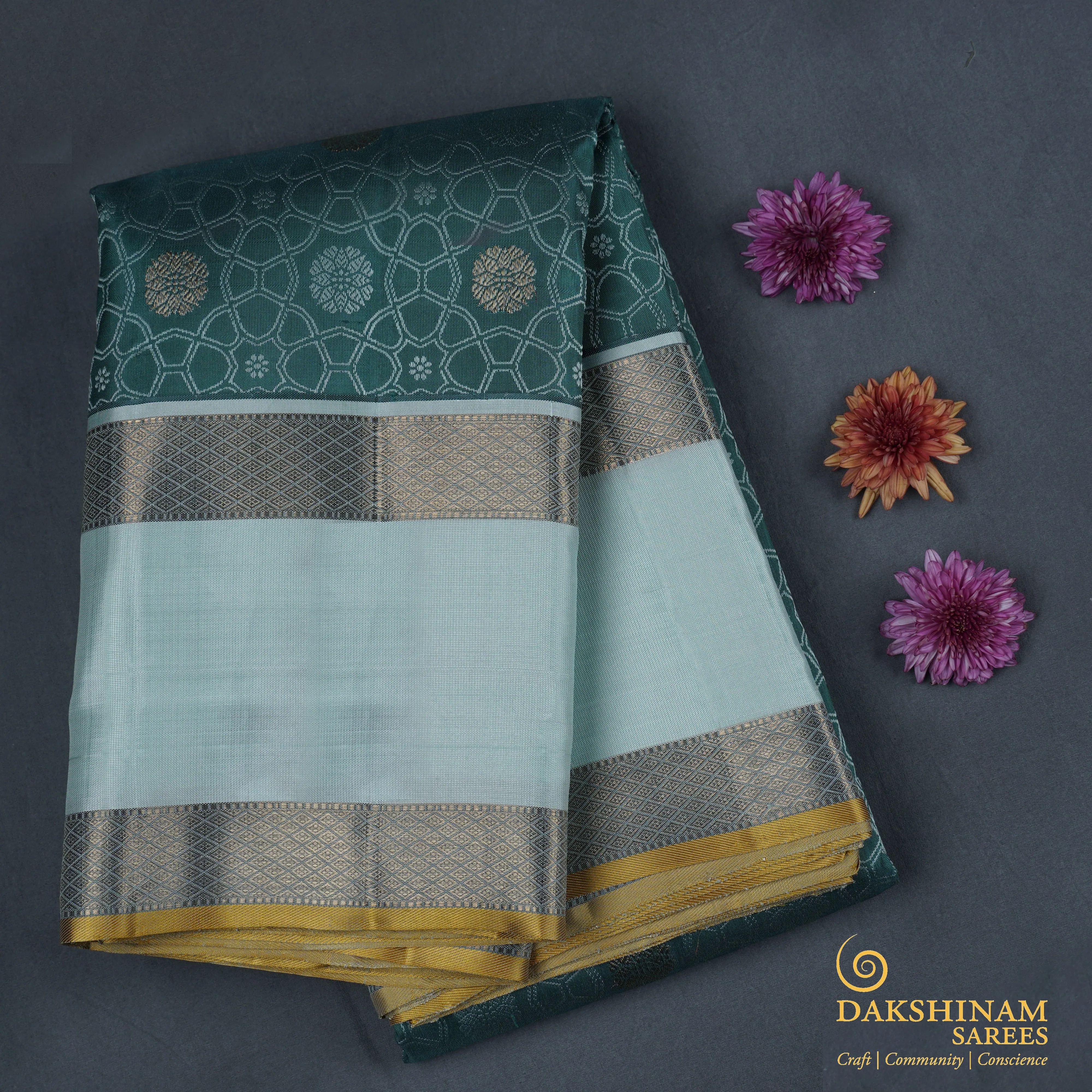 Handwoven Blue with Yellow Kanjivaram Silk Saree - 1718T007212DSC