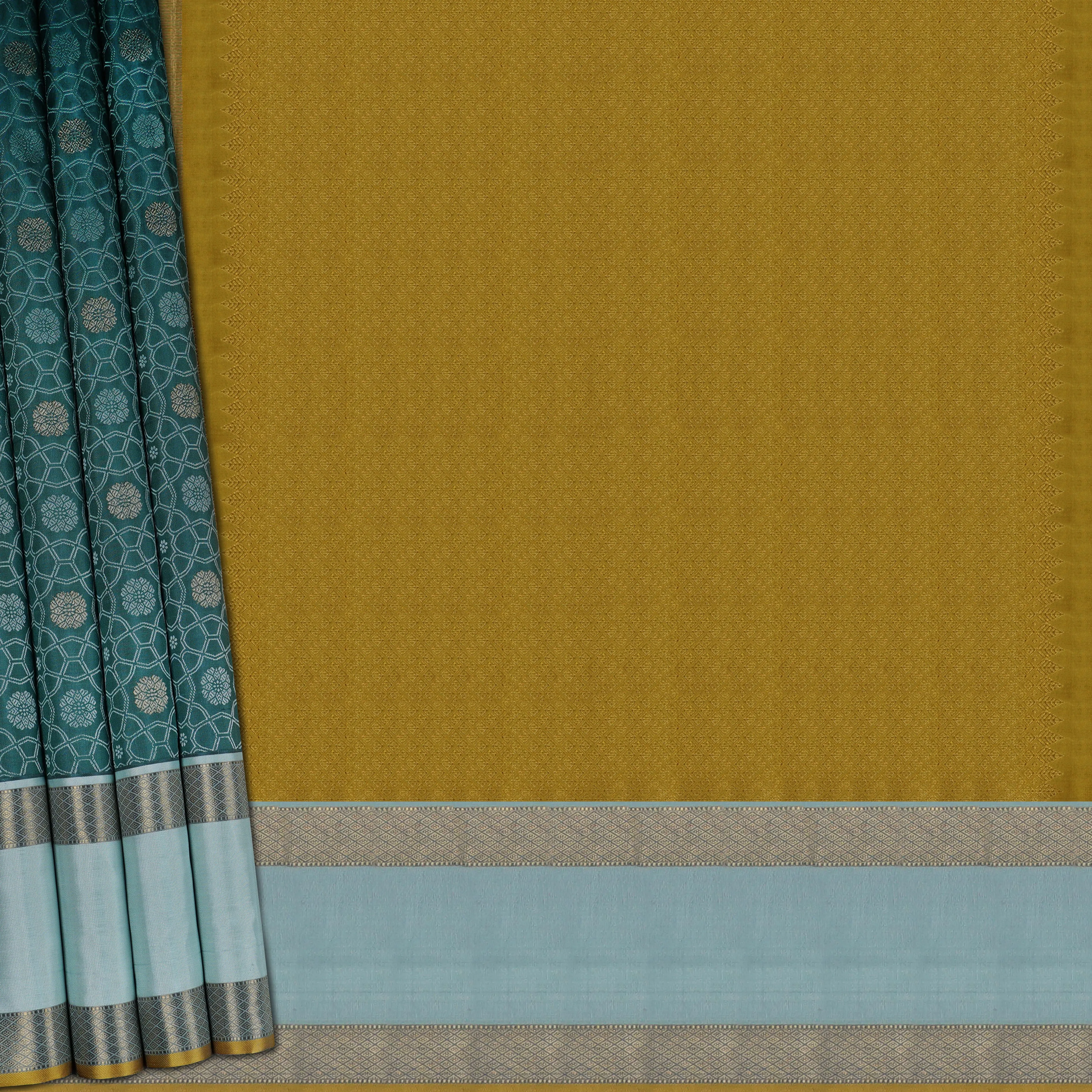 Handwoven Blue with Yellow Kanjivaram Silk Saree - 1718T007212DSC