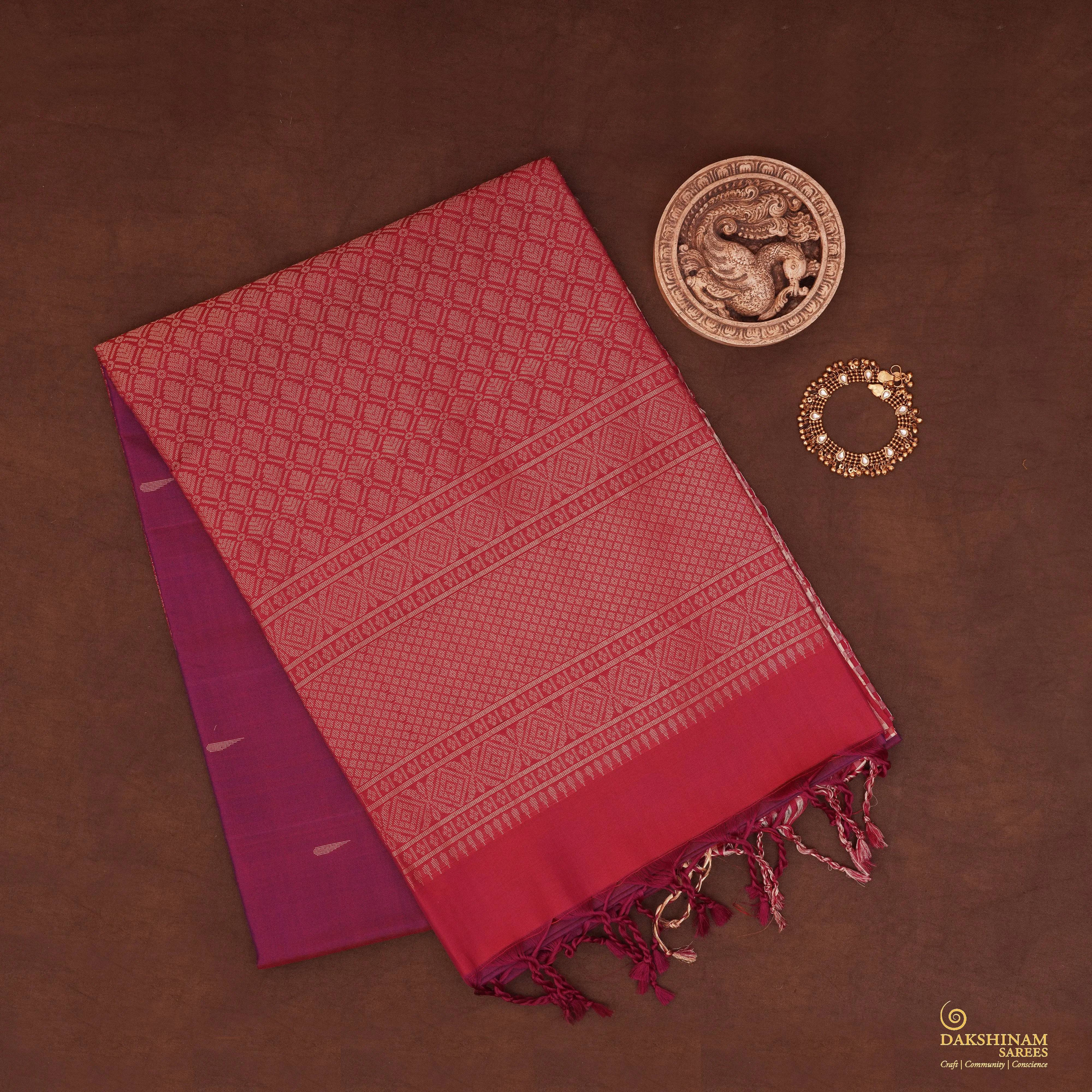 Handwoven Burgundy with Red and White Soft Silk Saree - 1987T009874DSC