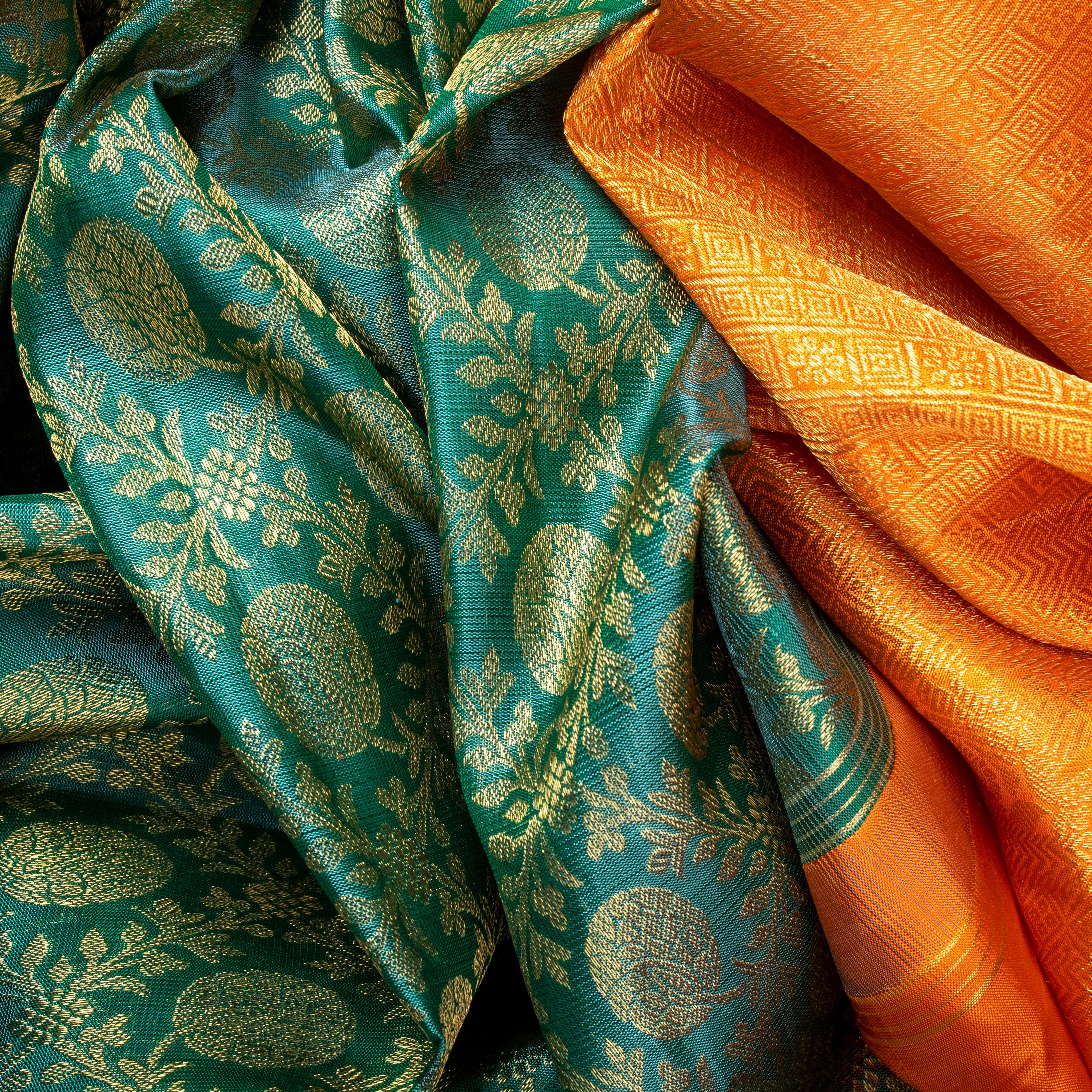 Handwoven Green with Orange Kanjivaram Silk Saree - 566T002943DSC