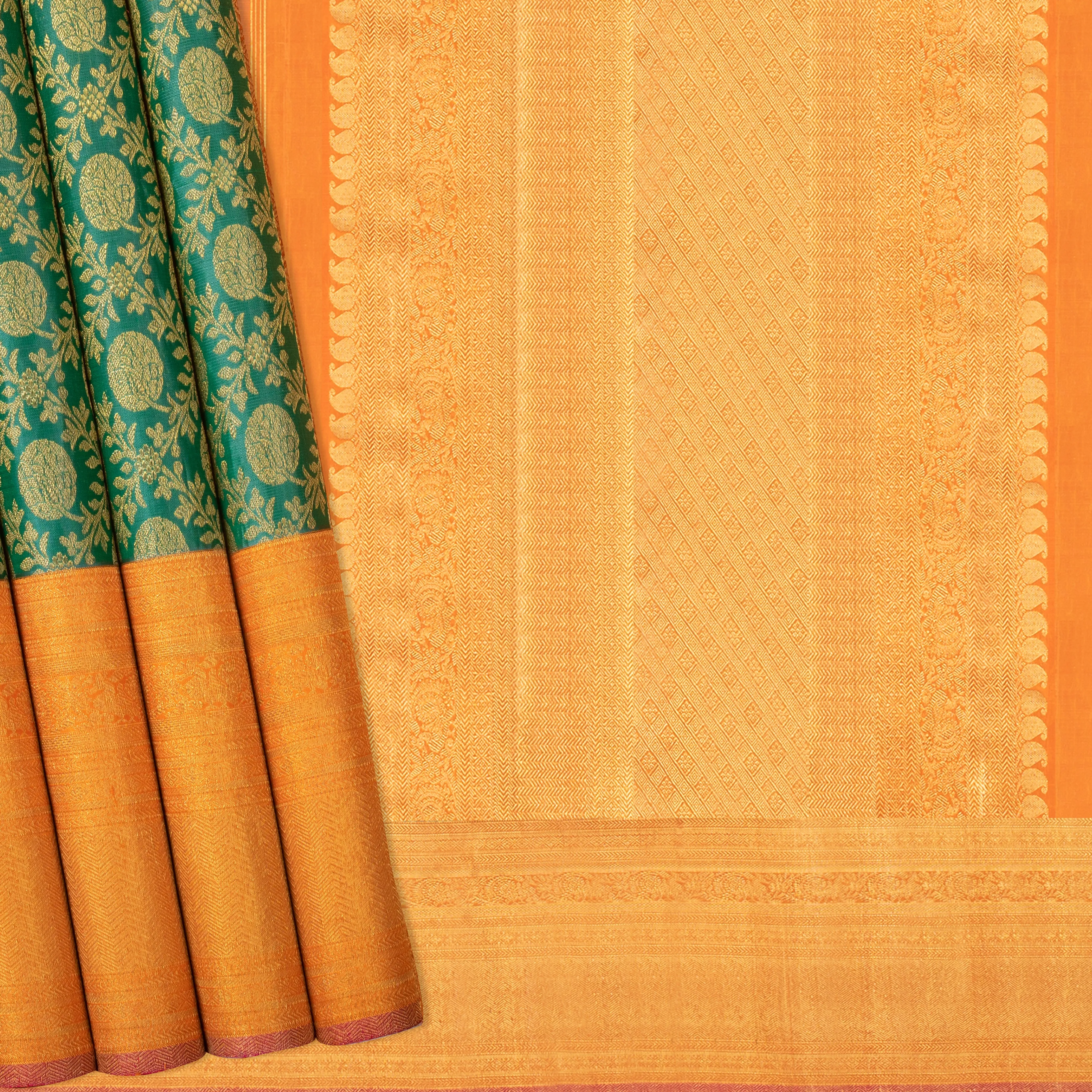 Handwoven Green with Orange Kanjivaram Silk Saree - 566T002943DSC