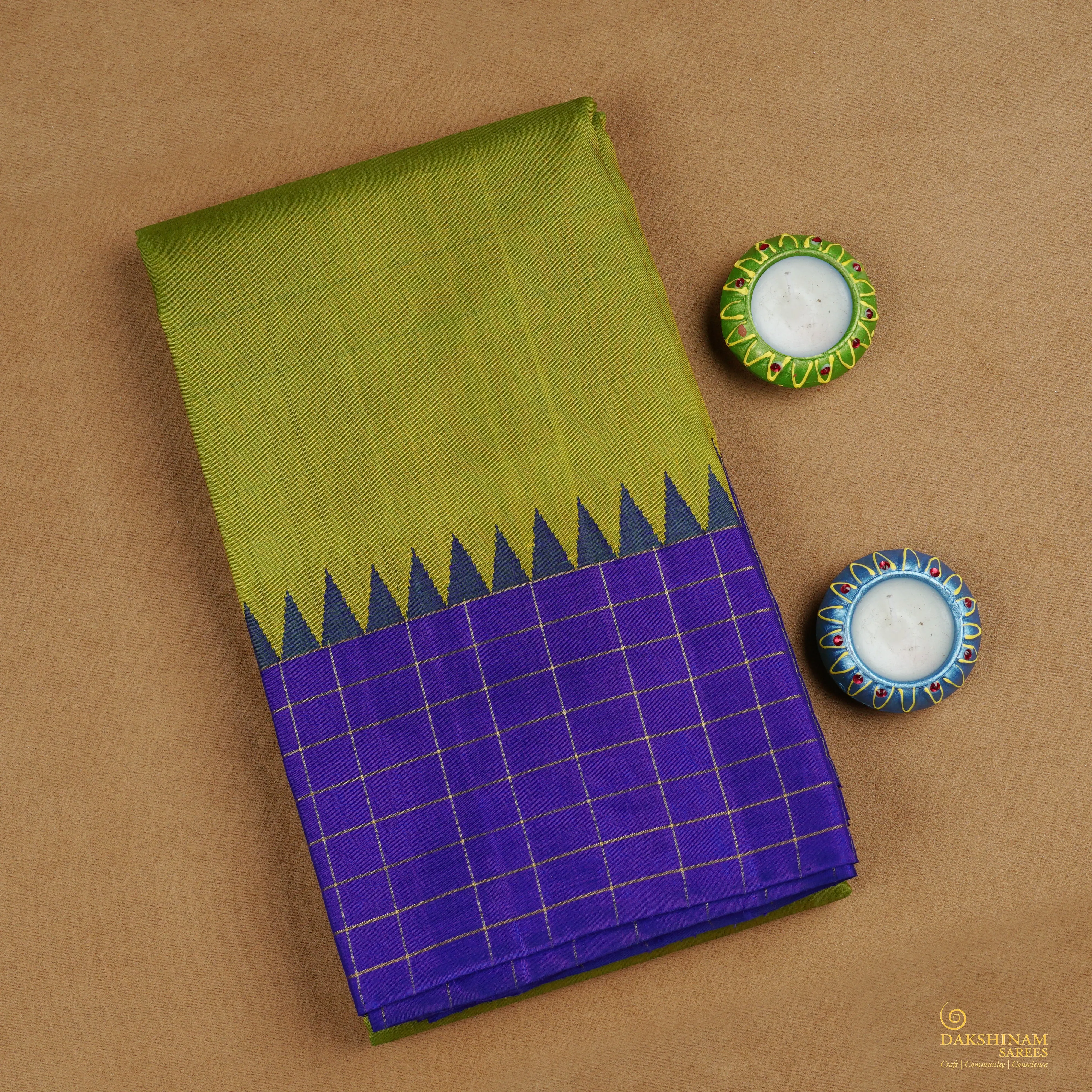 Handwoven Green with Violet Kanjivaram Silk Saree - 1969T005770DSC