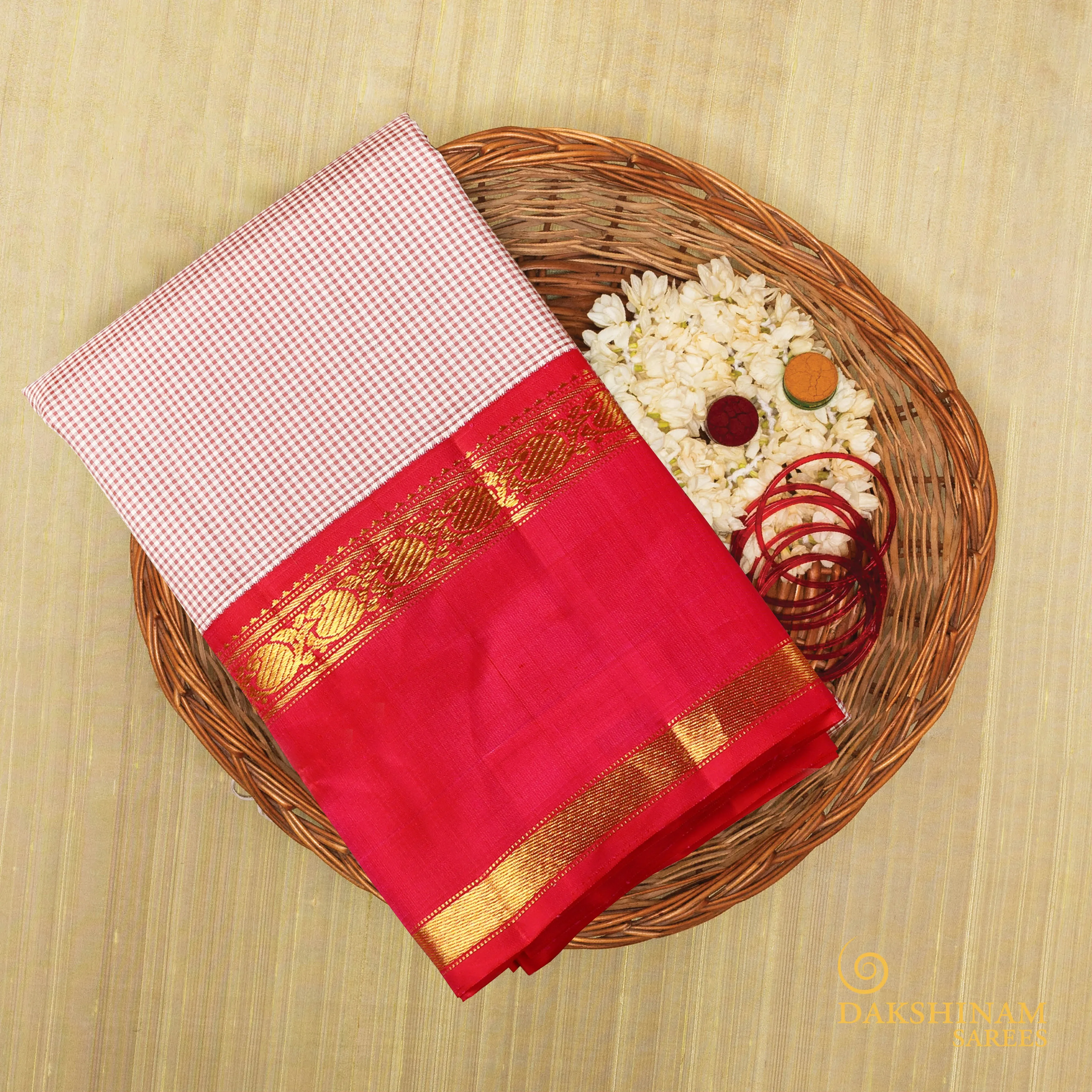 Handwoven Off-white with Pink Kanjivaram Silk Saree - 218T002530DSC