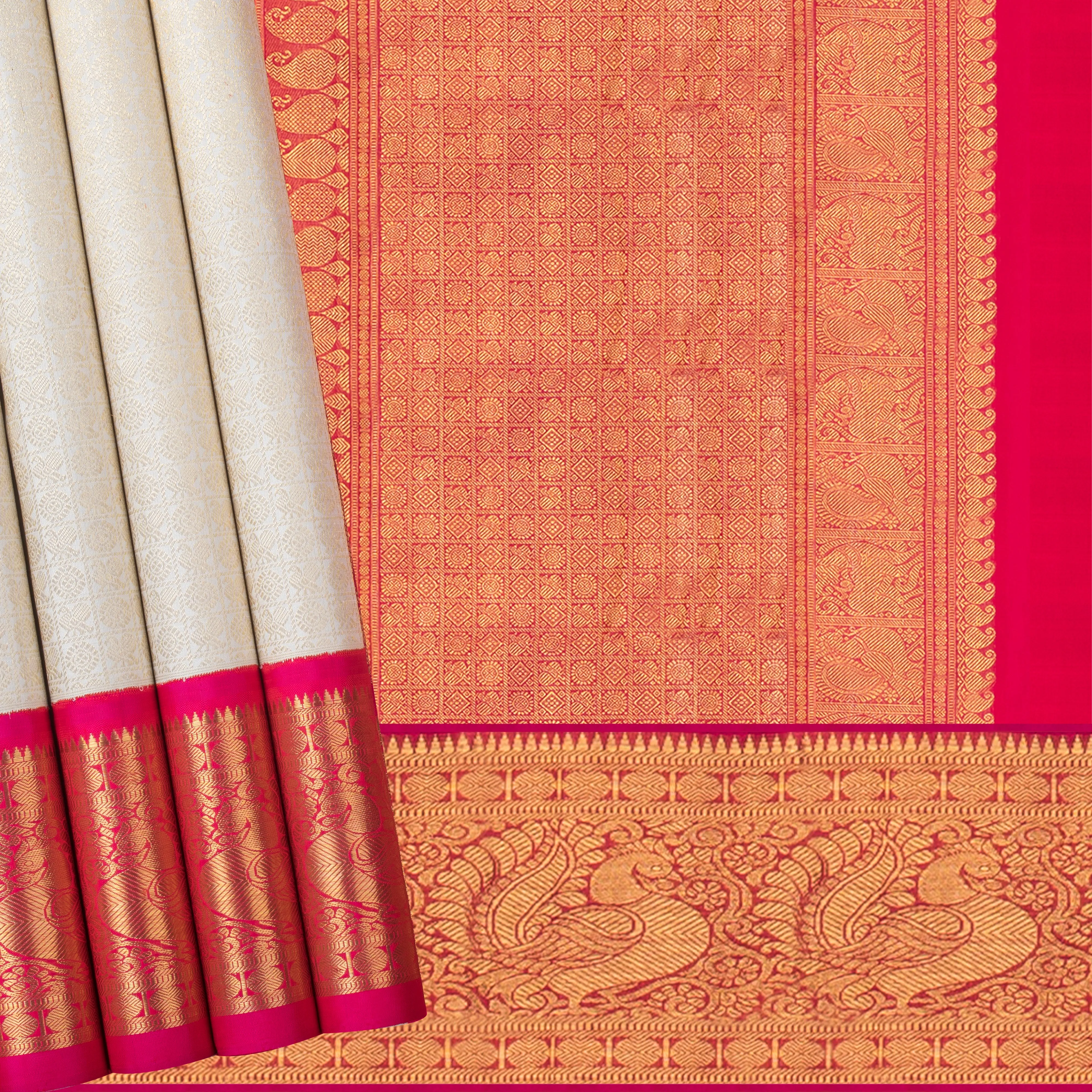 Handwoven Off-white with Pink Kanjivaram Silk Saree -553T001575DSC