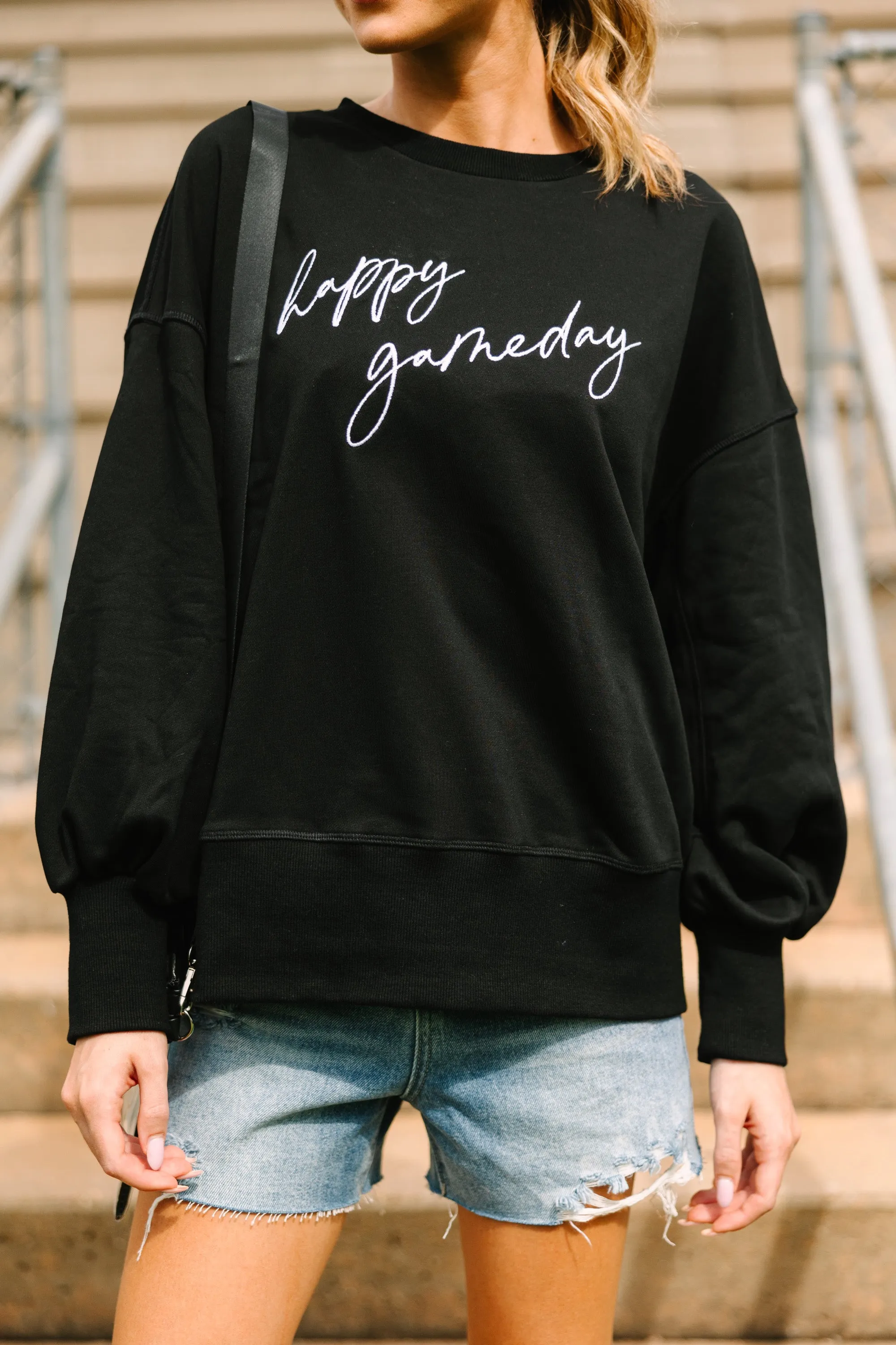 Happy Gameday Black Embroidered Pullover