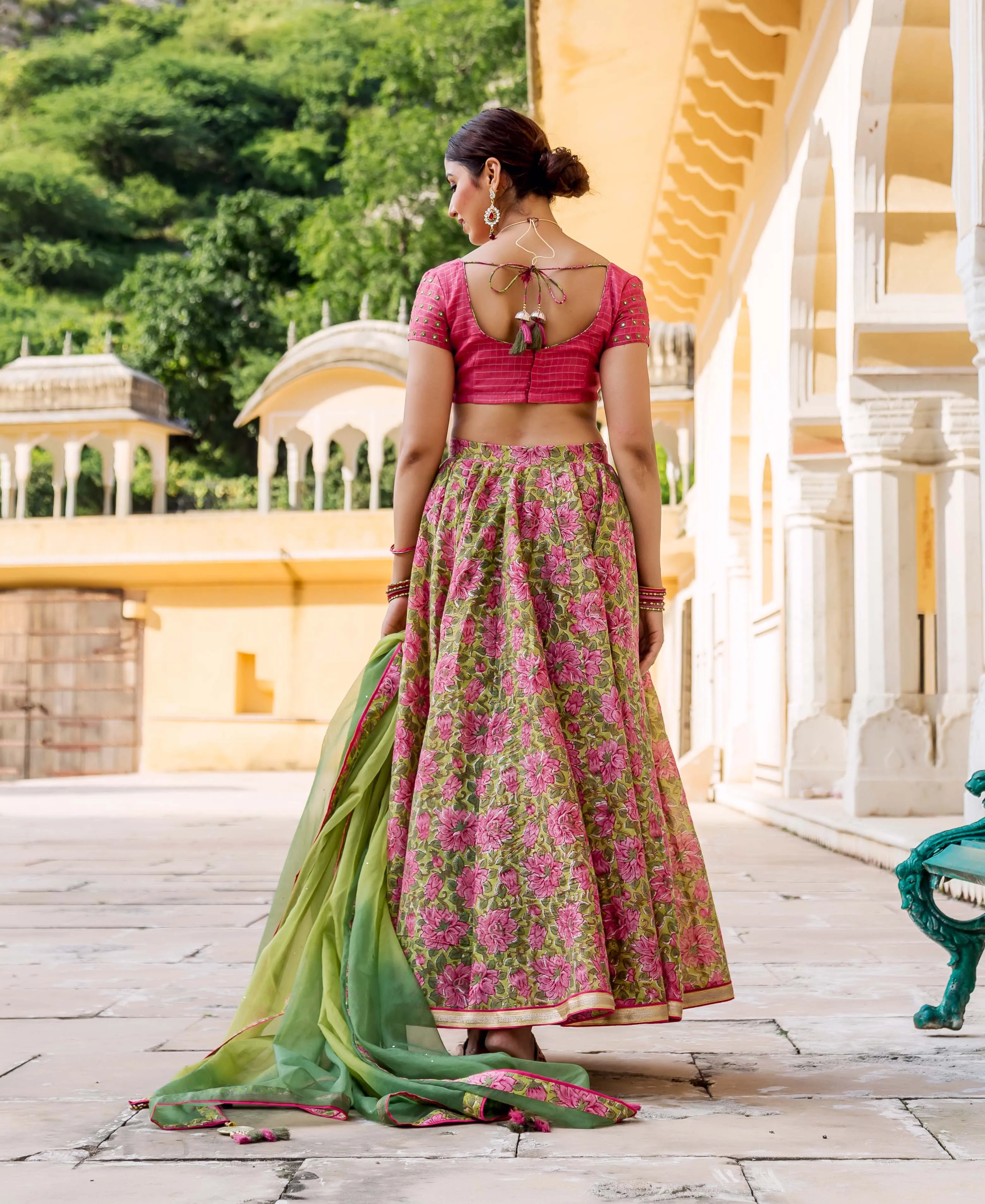 Heena Hand Block Printed and Embroidered Lehenga Set