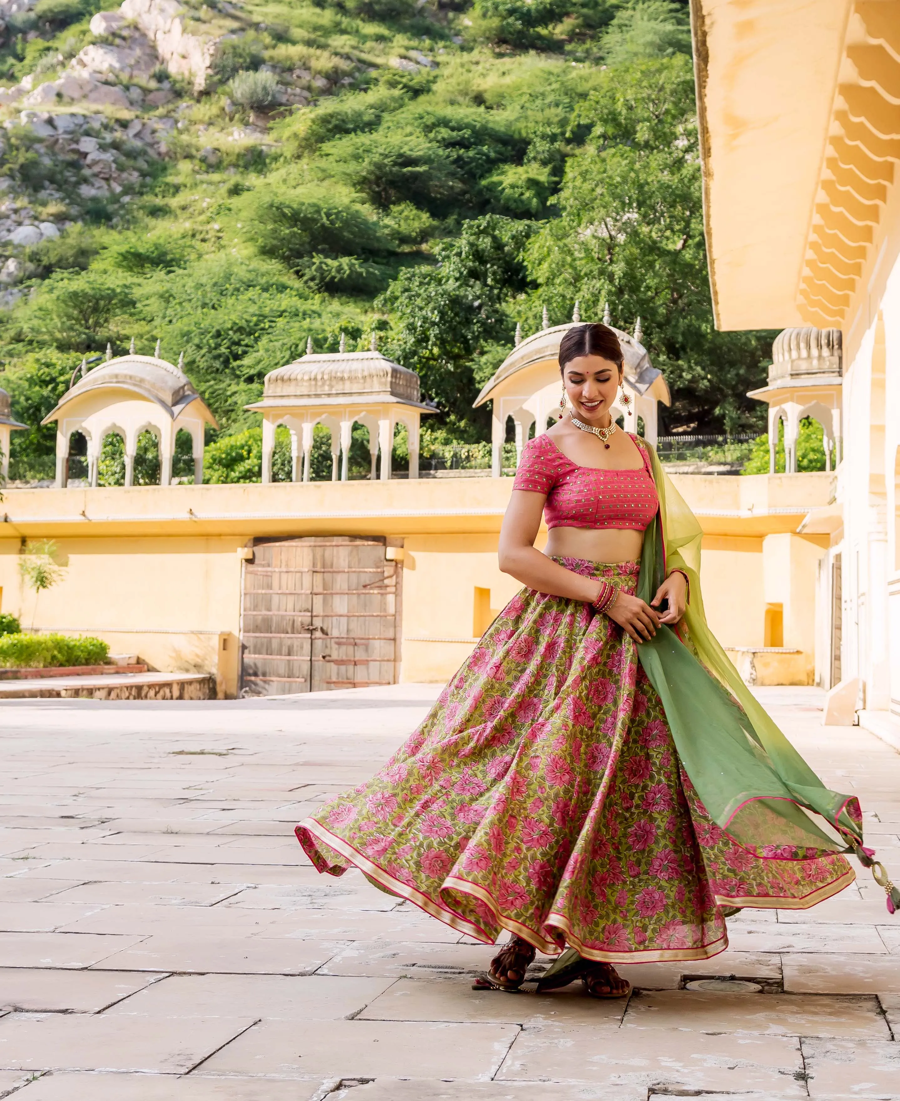 Heena Hand Block Printed and Embroidered Lehenga Set