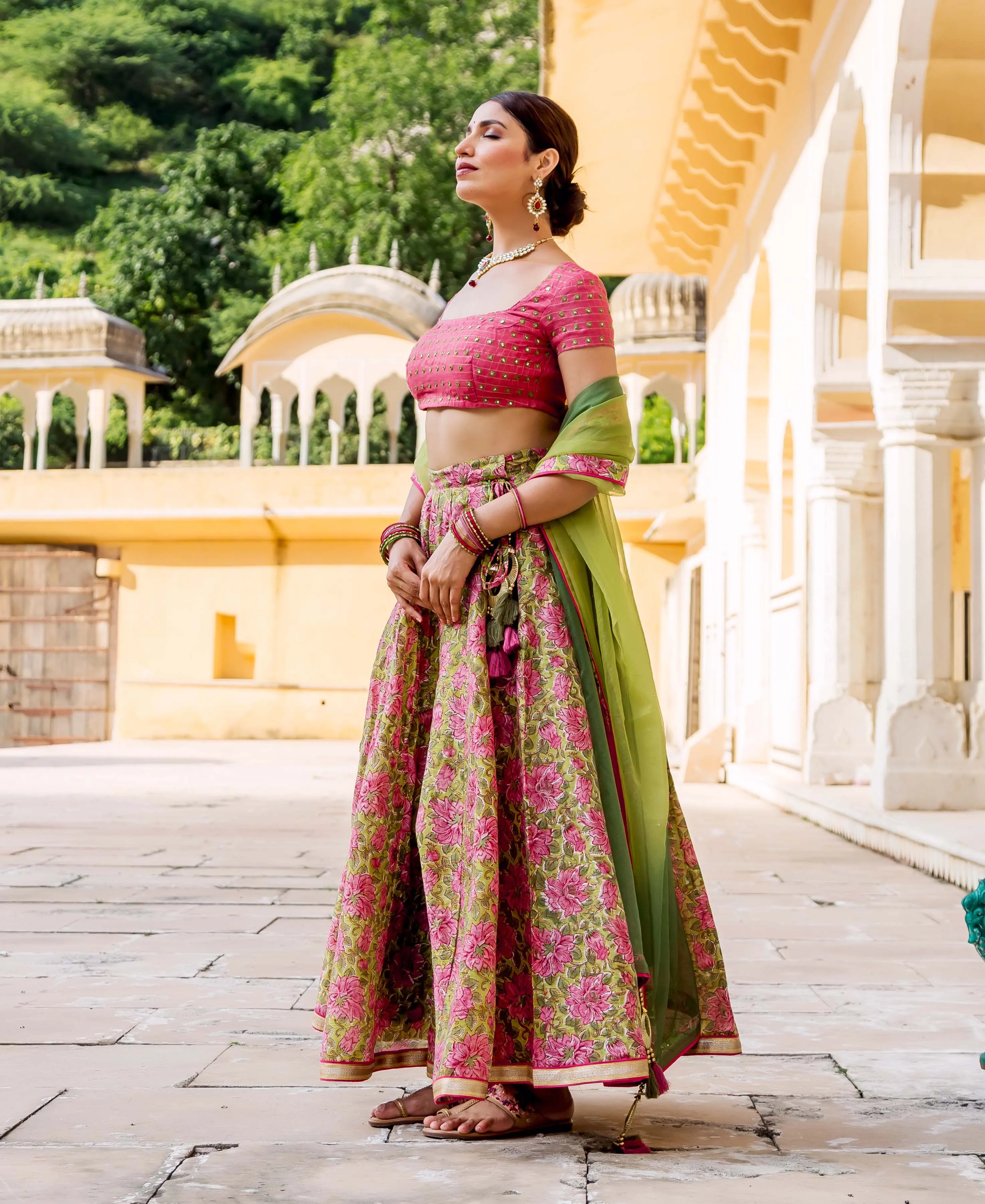 Heena Hand Block Printed and Embroidered Lehenga Set