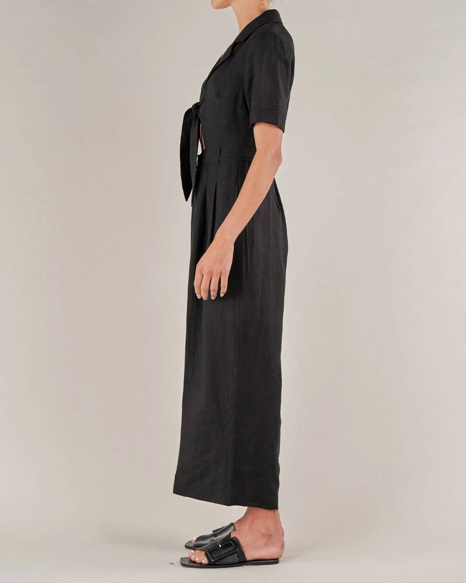 Ines Linen Tie Front Jumpsuit - Black