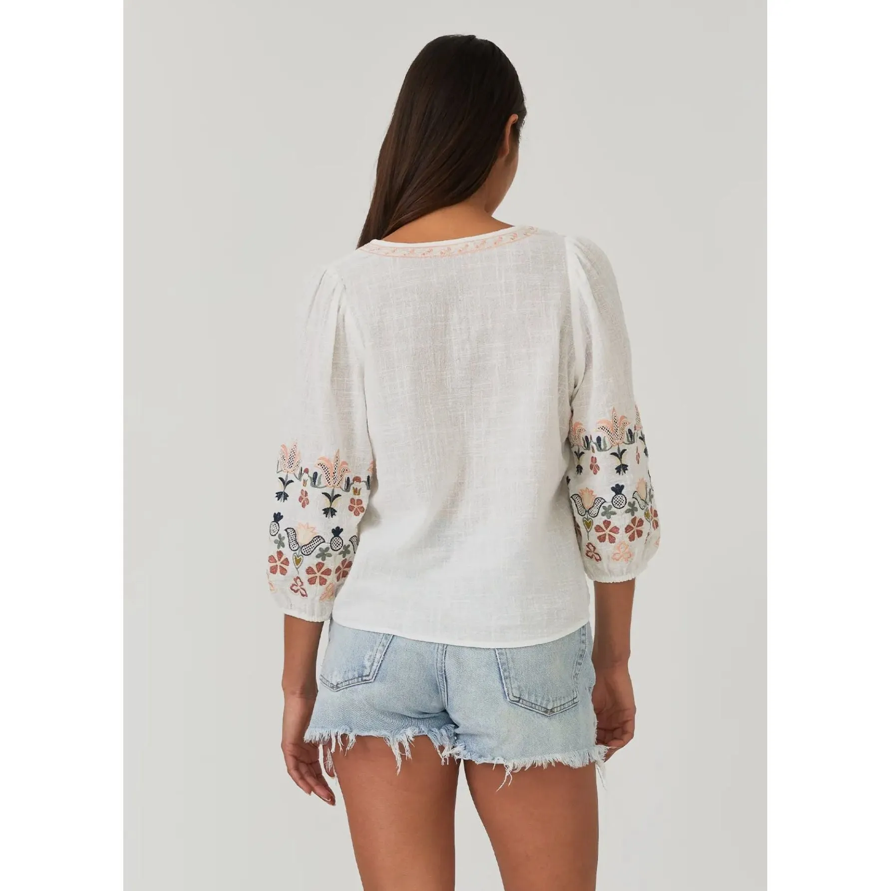 Jamison Floral Embroidered Sleeve Tie Front Top Lovestitch Top- SALE