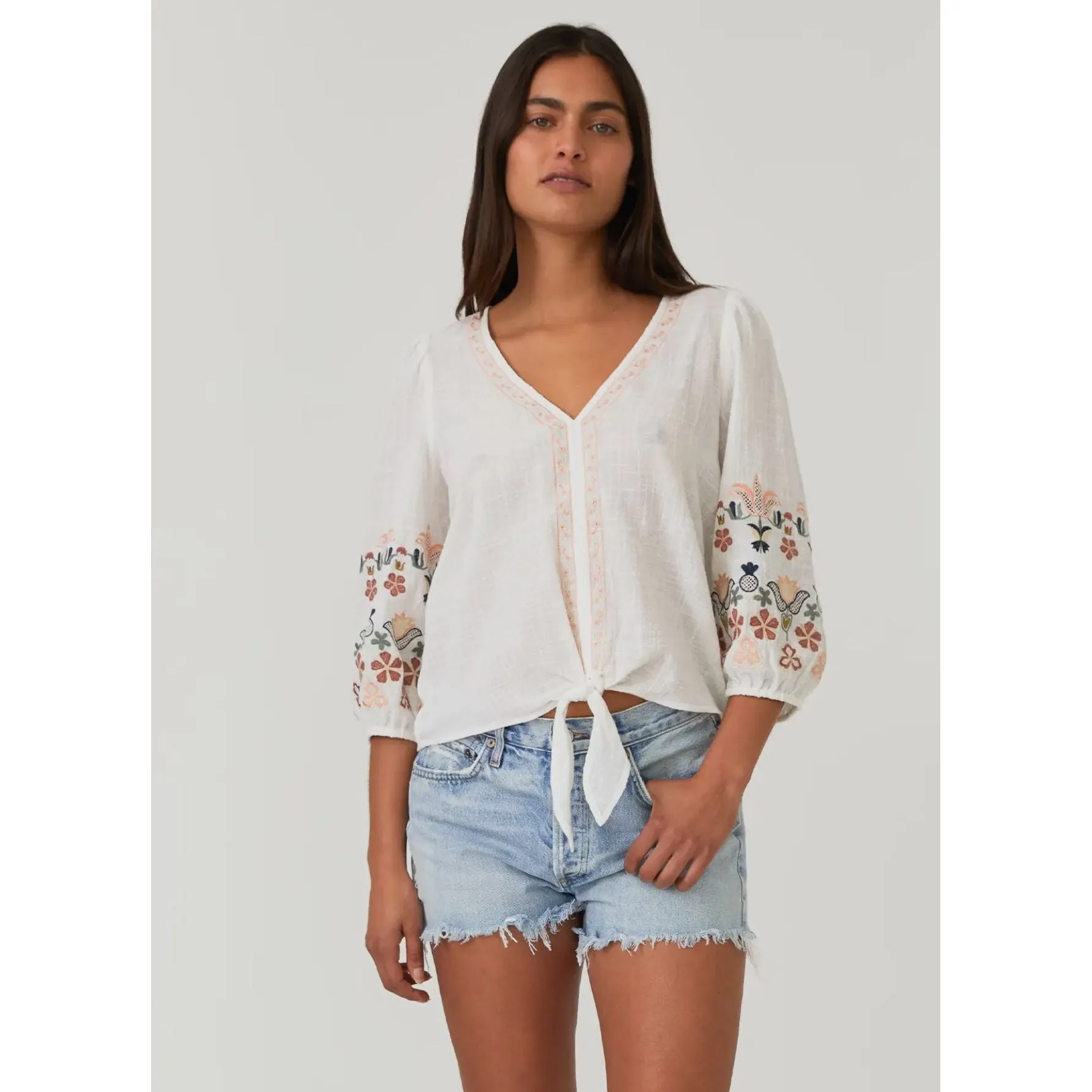 Jamison Floral Embroidered Sleeve Tie Front Top Lovestitch Top- SALE