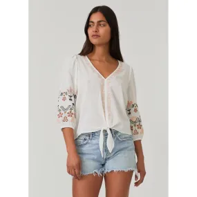 Jamison Floral Embroidered Sleeve Tie Front Top Lovestitch Top- SALE